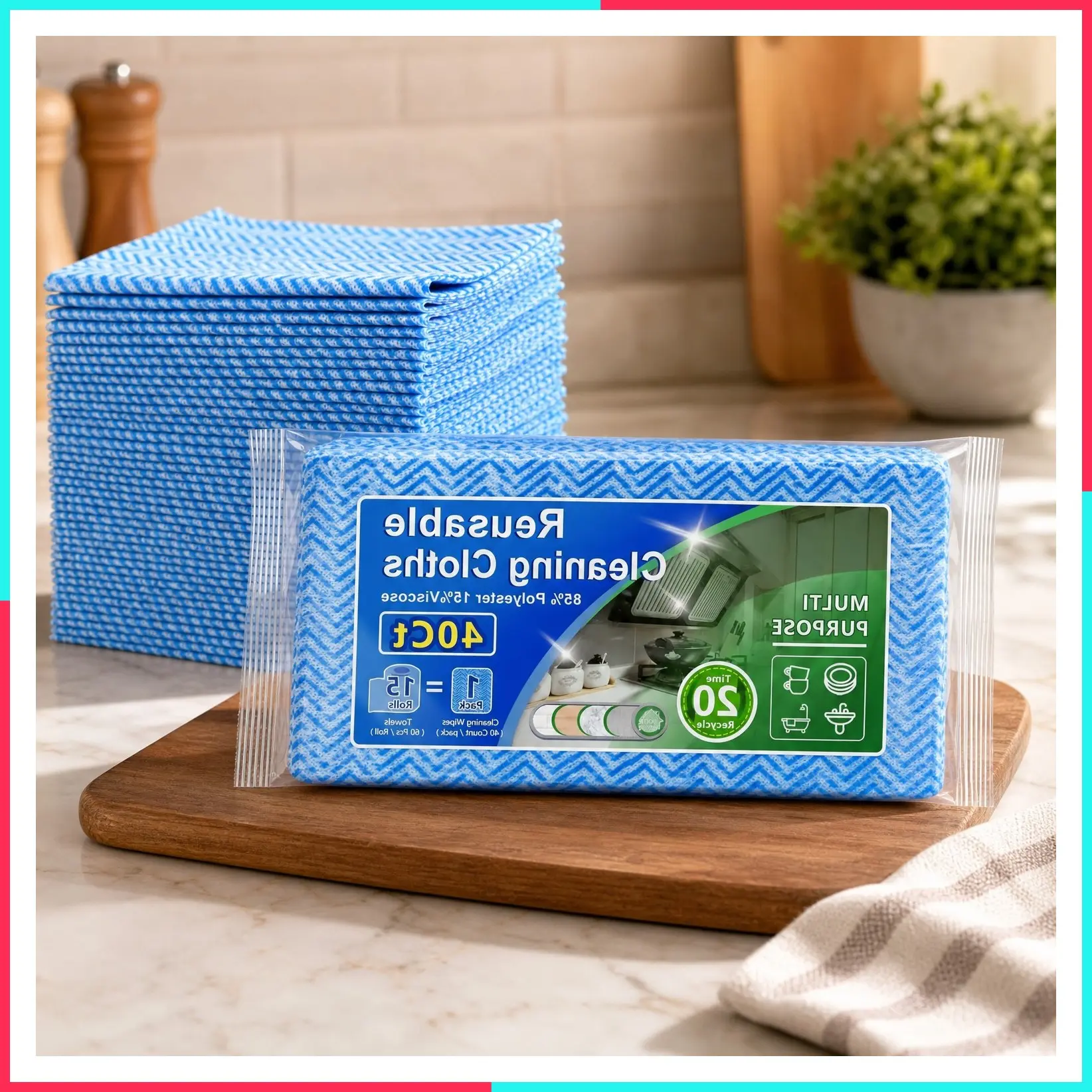 Reusable Cleaning Cloths 40 Count (1 Pack) - Multi-Purpose Dish Cloths, Cleaning Wipes for Washing, Daily Cleaning Towel for Household, Bathroom and Office Cleaning Supplies, 12''x24'', Blue