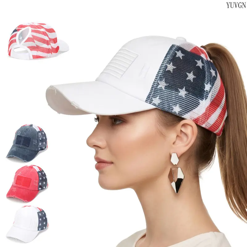 Women's Vintage USA Flag Trucker Style Baseball Cap with Messy Bun Ponytail Hole, Adjustable Curve Brim for Sun Protection Holiday Wear, Trucker Hats, Women's Trucker Hat