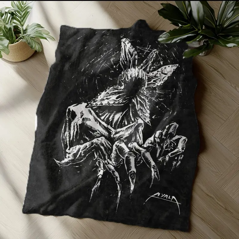 Stranger Things Demogorgon Sketch Sherpa Flannel Throw Blanket, Multi Purpose Blanket, Sci-fi Horror Movie Theme, Black And White Graffiti Art Style, Double-layer Soft Plush Fabric, Anti-pilling Warm Washable, Bedroom Sofa Gaming Room Horror Movie Fans