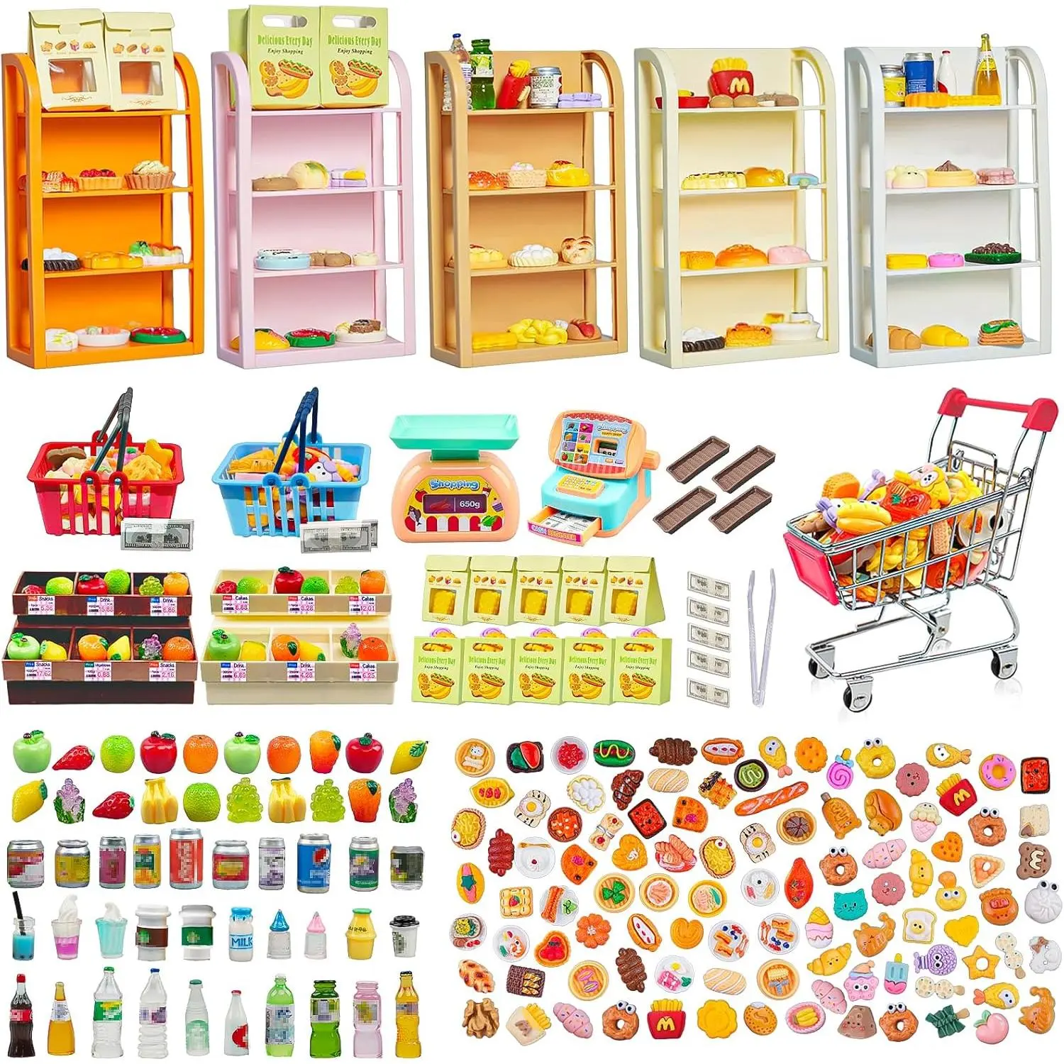 Mini Food Toys Dollhouse Fruit Vegetable Bread Rack Display Shelf Grocery Store Cart Basket Drink Supermarket Handcart Kitchen Play Cash Registerfidget toys