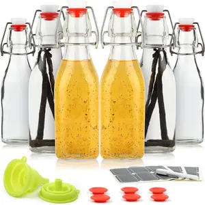 Vanilla Extract Bottles [8.5 oz, 6-Pack] – Flip Top Swing Top Glass Bottles for Homemade Extracts, Kombucha, Coquito, Juice – Airtight Leak-Proof Caps with Funnel, Extra Gaskets, Labels & Marker