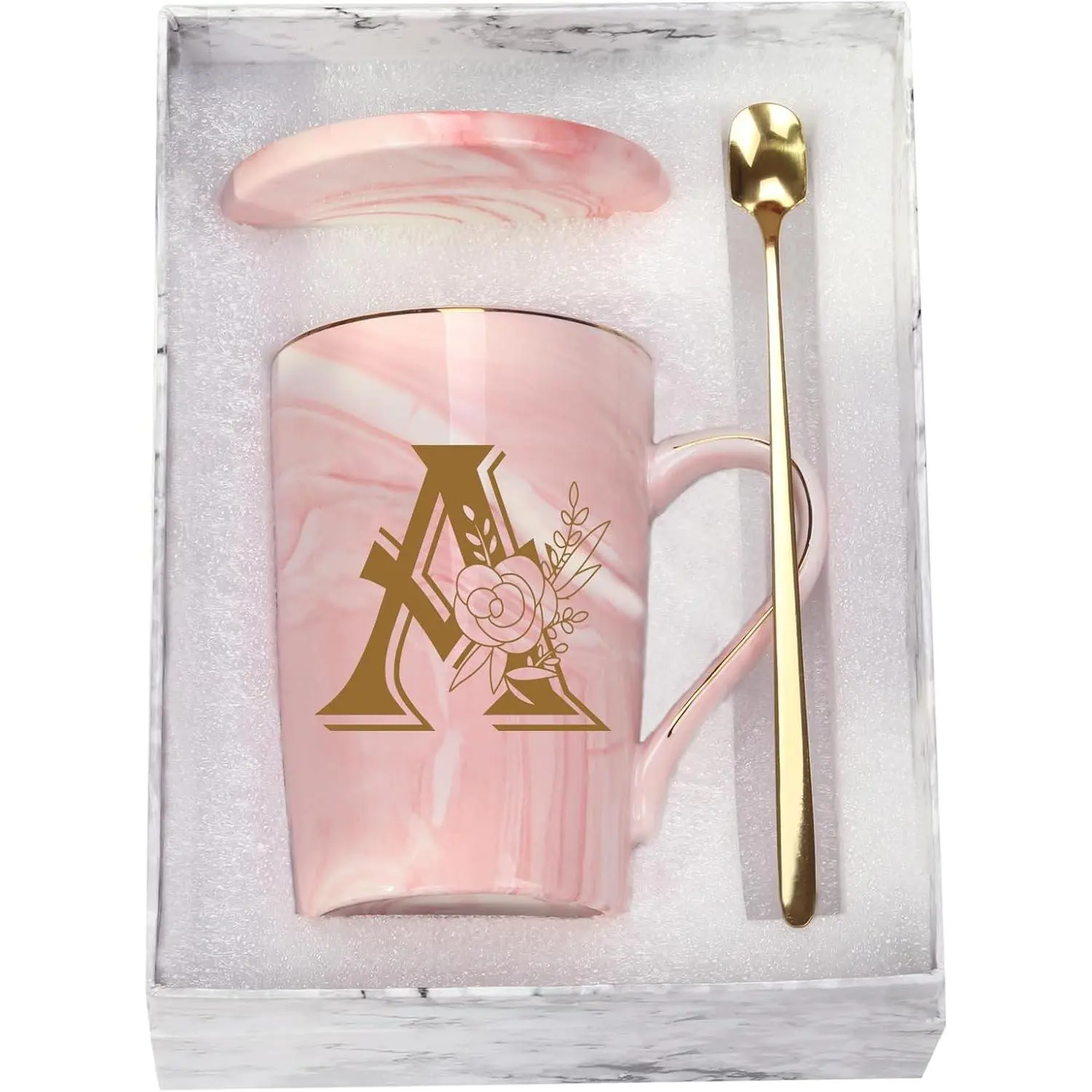Personalized Letter A Initial Flower Novelty Coffee Mug 14 Ounce Pink, Bridal Shower Gifts for Women