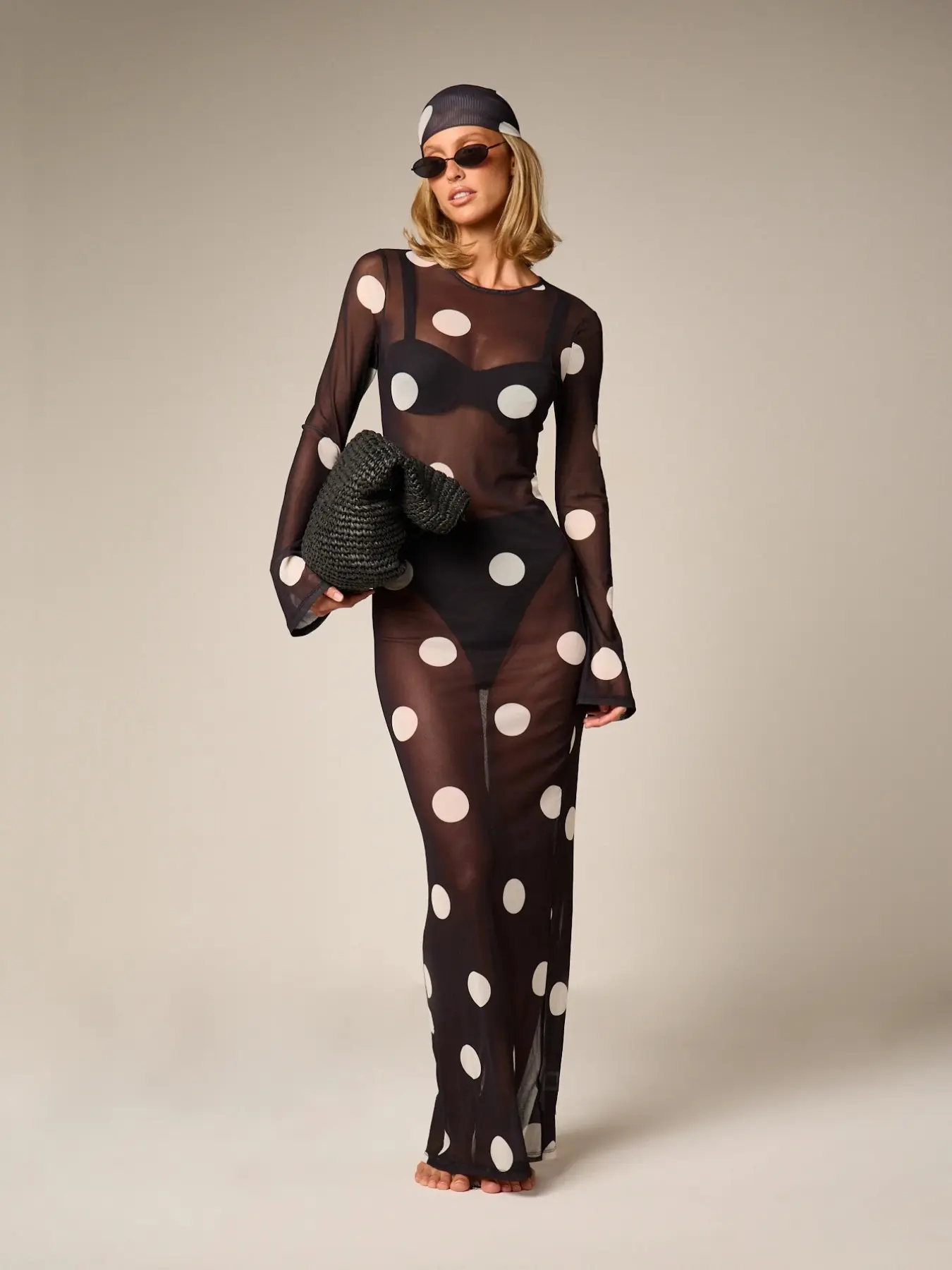 Sheer White Polka Dot Long Sleeve Back Tie High Slit Floor Length Maxi Swim Cover Up Dress Tropical Beach Vacation Outfit See Through Mesh Bikini Cover Up Matching Polka Dot Headscarf Set Luxury Resort PoolCocktailPartySlimFitBodyconHoliday Maxi Outfit
