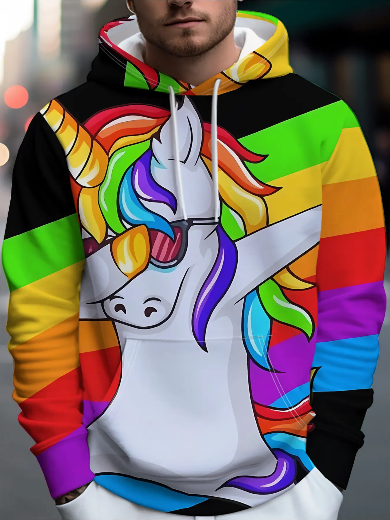 Men'S Fashionable Street Style Hooded Sweatshirt Paired With Sunglasses And Rainbow Unicorn, Creating A Fashionable Pose Against A Rainbow Striped Background - Full Of Rich And Artistic Graphic Elements Of Streetwear Aesthetics