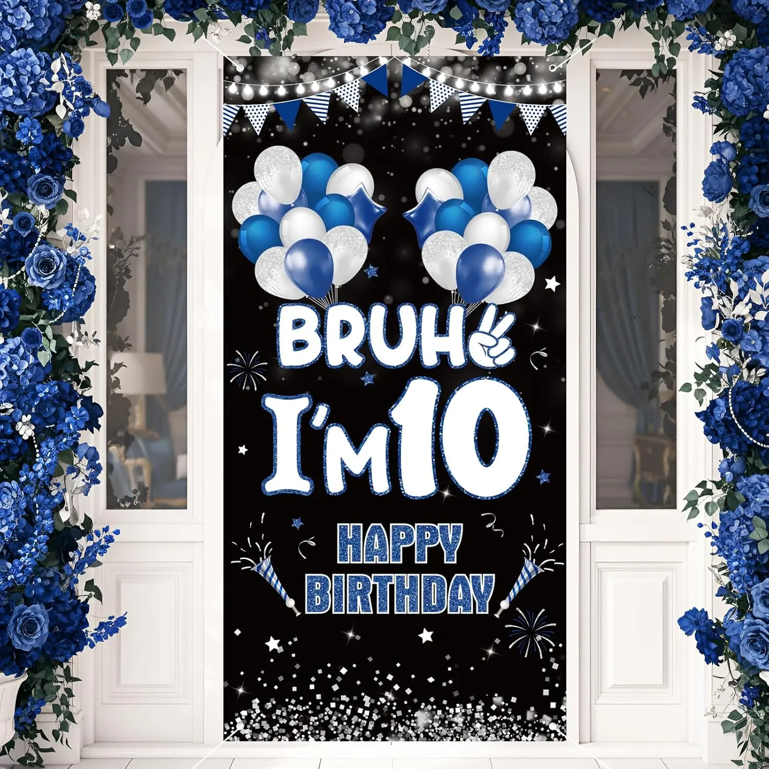 10th Birthday Decorations, Birthday Door Cover, Blue & White Birthday Party Backdrop, Kids Birthday Party Decor, Entrance Banner for Home & Party