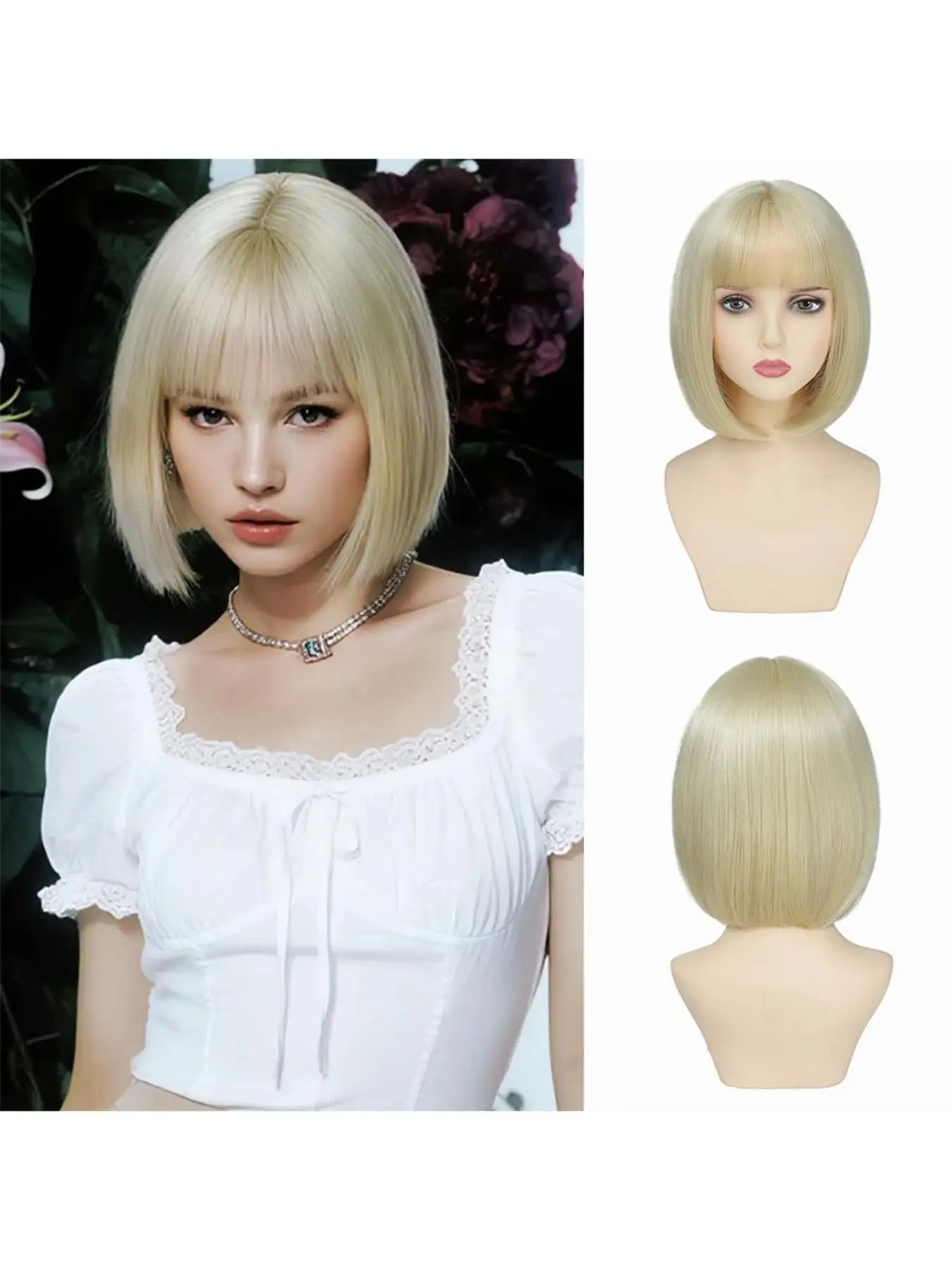 Blonde Bob Wigs - 10'' Short Bob Wig for Women Blonde Bob wig With Bangs Super Soft and Easy to Wear Straight Bob Wigs, Colorful Synthetic wig for Daily, Cosplay, Halloween