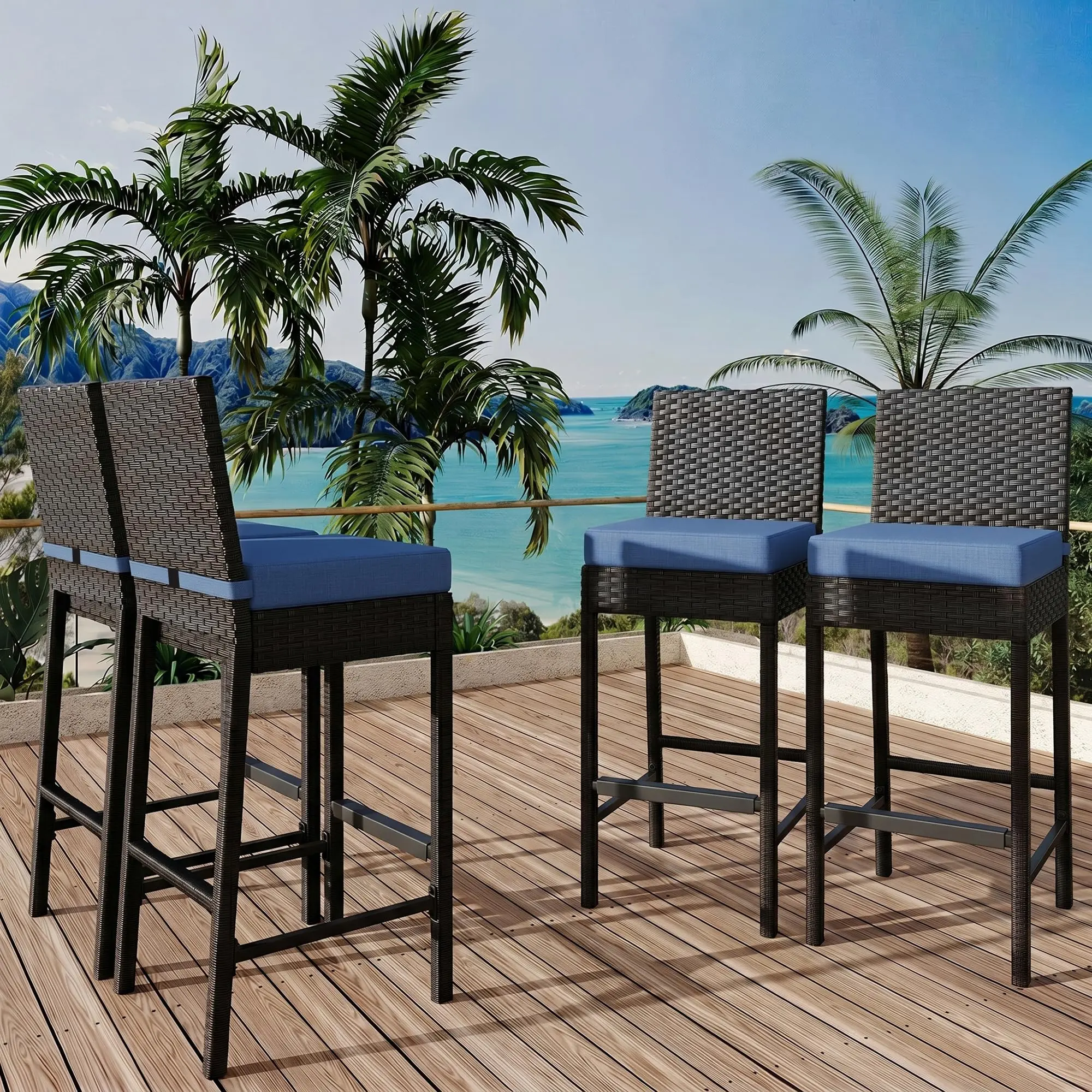 Outdoor Wicker Bar Stools Set of 4 – Patio Rattan Barstools for Backyard, Poolside & Deck