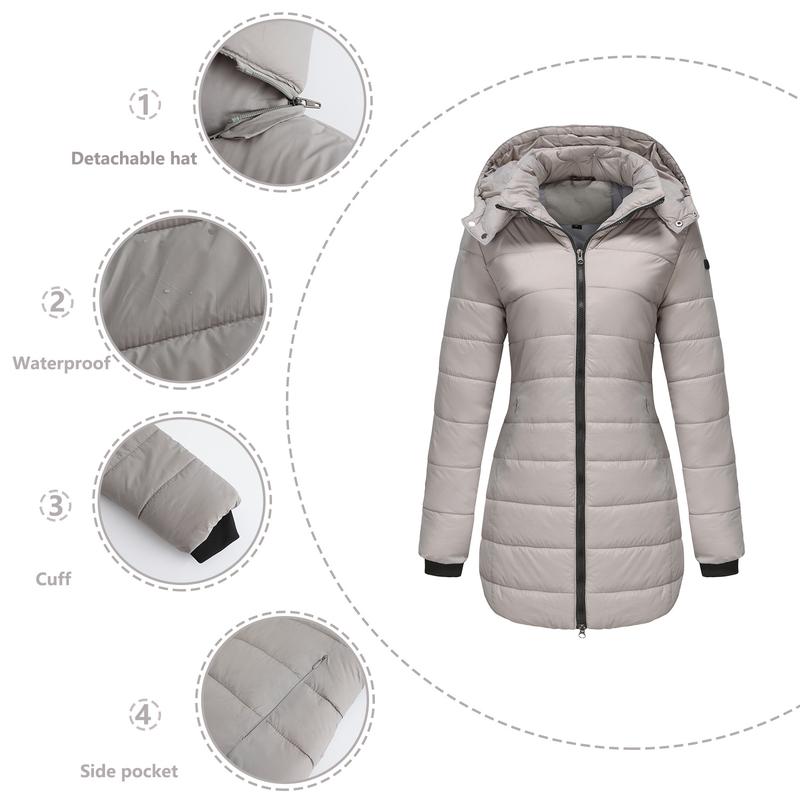 BIGWIG women's autumn and winter long warm parka, detachable hood, windproof and warm down jacket, autumn and winter warm cotton jacket, windproof and waterproof jacket, windproof and waterproof jacket, mid-length slim warm hooded cotton jacket