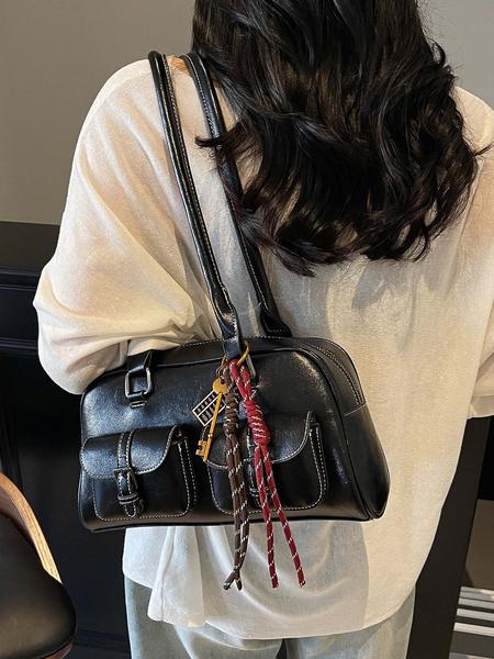 Niche retro texture handbag, double pocket design contrasting woven tassel pendant, commuter fashion shoulder handbag, personalized simple design, versatile and multi-color optional, Casual handbag satchel, suitable for daily travel, shopping, etc.