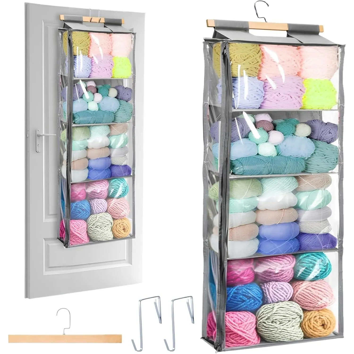 Yarn Storage Organizer, Over the Door  Yarn Holder with 4 Large Pockets, Clear Crochet Knitting Bag Organizer with Zippers and Hooks, for Knitting  Crochet Hooks, Gray