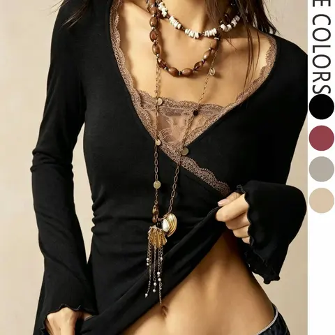 Women's Vintage Y2K Boho Lace Trim V-Neck Long Sleeve Tee, Slim-Fit Bell-Sleeve Wrap Surplice T-Shirt, Lettuce Trim Top