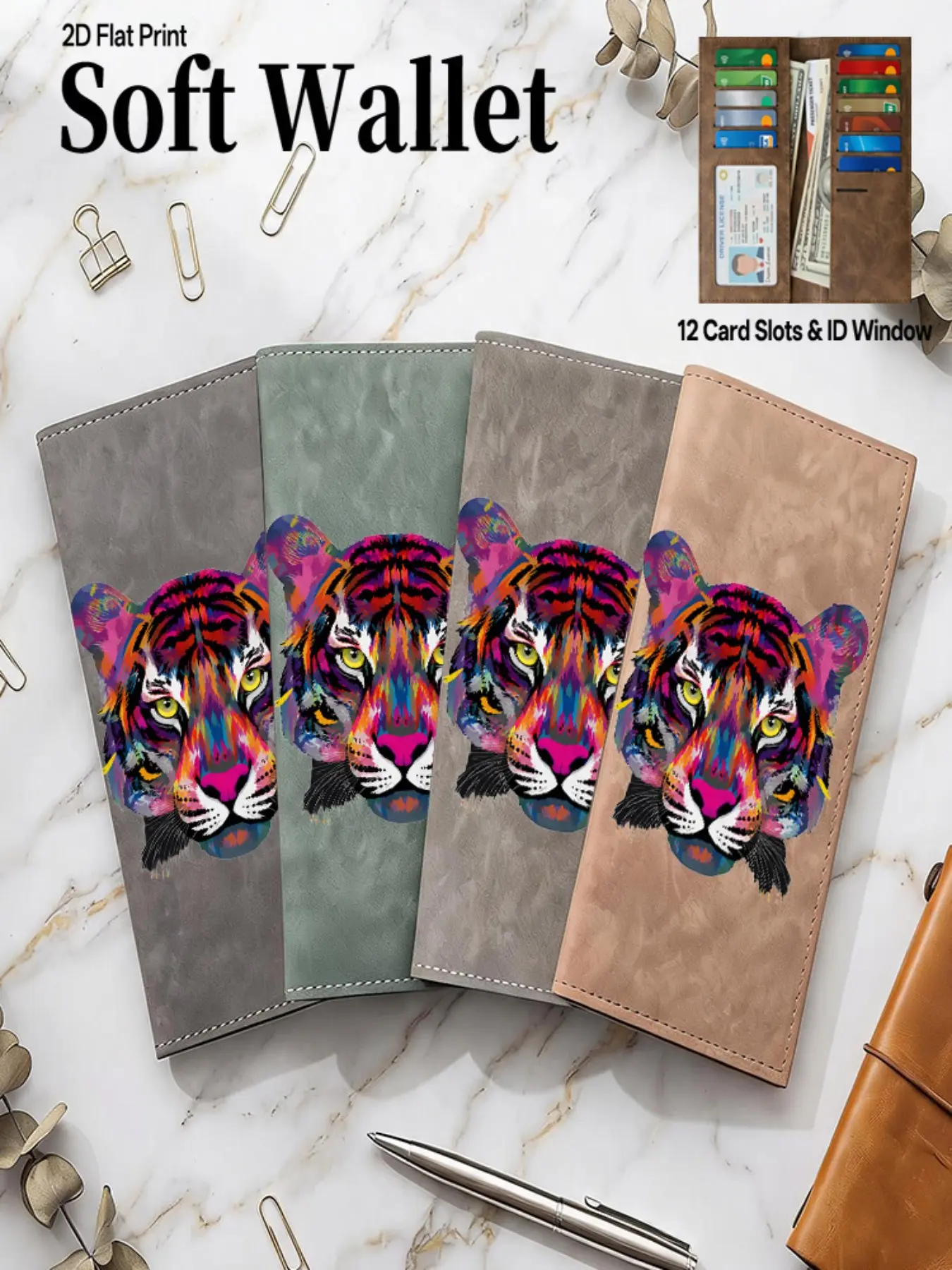 Soft PU Leather Ultra-Thin Long Wallet, Multi-Card Slots, Abstract Tiger Print, Credit Card Holder, Travel Coin Purse, Unisex Gift