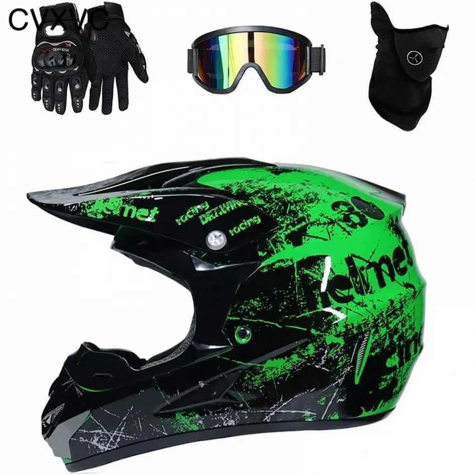 CVXVC Motocross Helmet, DOT Certified 4-Piece Full Face Helmet Set with Goggles, Gloves & Mask for Adults, Green Graphic, Ventilated Design for Dirt Bike, ATV and Off-Road Trail Riding, Quick-Release Buckle and Breathable Liner, Sizes S-XL