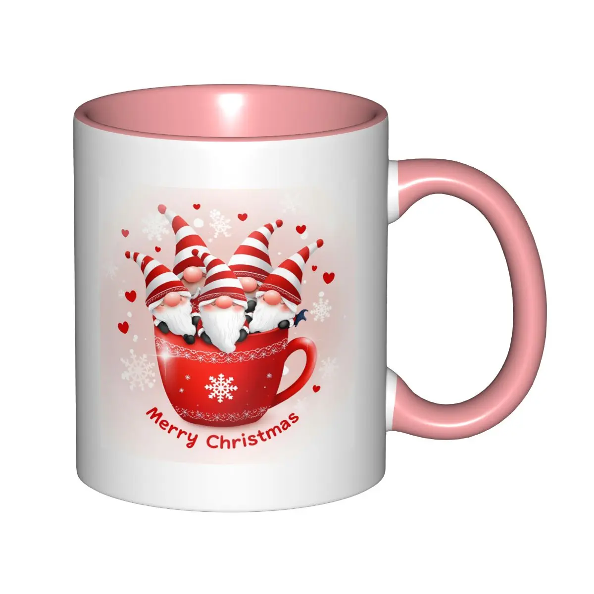 Women's Classic 2-Tone Printed Cute Ceramic Coffee Mug - Red, 11oz, 4 Striped Hat Gnomes, Snowflake Heart, Pink Interior, Smooth Rim, Heat-Safe, Cute Kitchen/Drinkware, Coffee Bar Decor, Winter Holiday Gift, Cafe-Ready, Cute Mugs, Two Tone