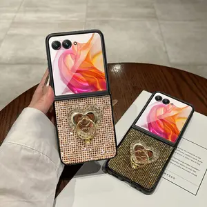 Compatible with Razr 60/50/40 Series | Anti-Drop Foldable Protective Case, Full Bling Rhinestone Encrusted, Elegant Quilted Texture & Heart Shape Kickstand HNZ0089
