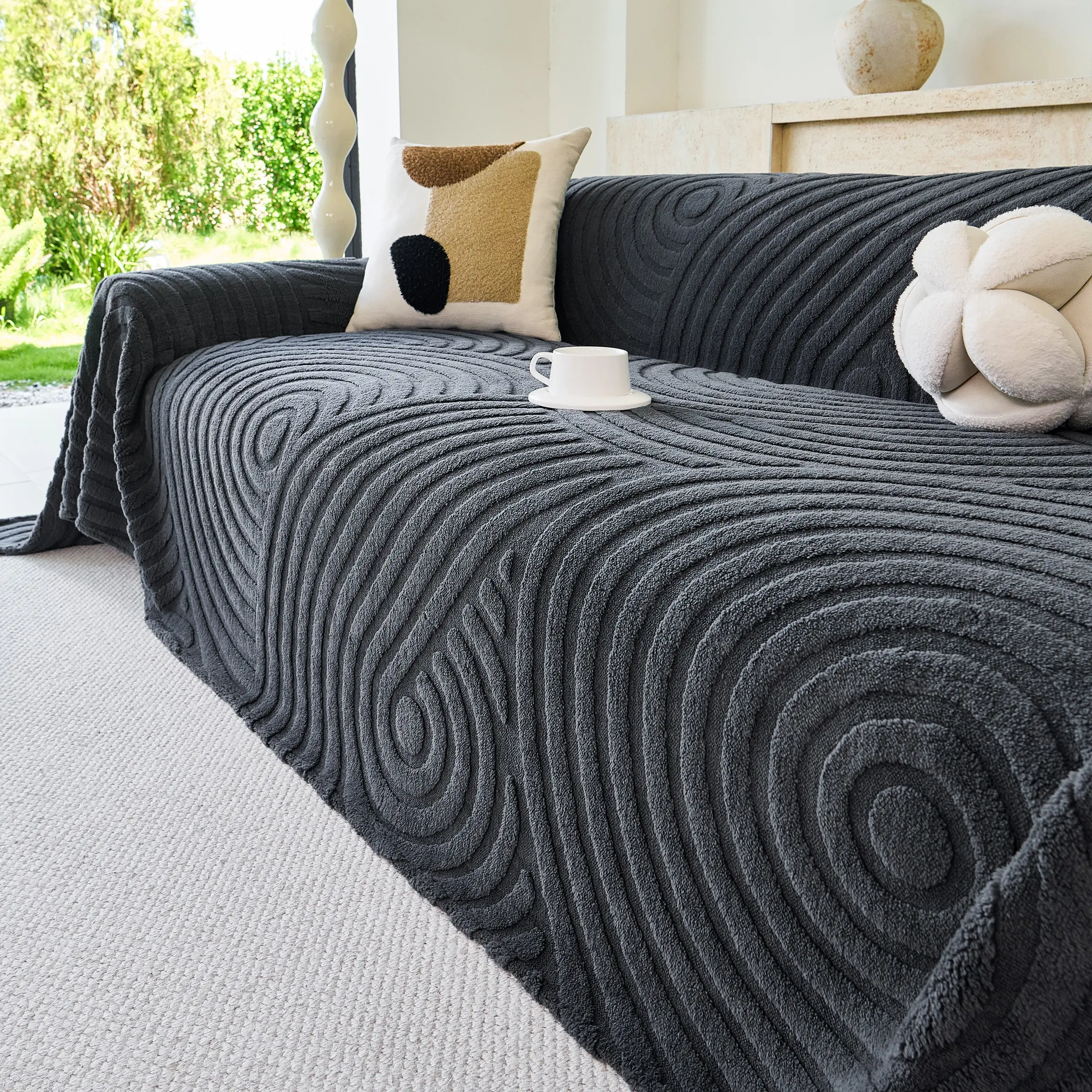 1pc Ring Texture Embroidered Sofa Cover, Full-Body Plush Straight Sofa Protector, Dustproof, Stain-Resistant, Pet-Proof, All Seasons