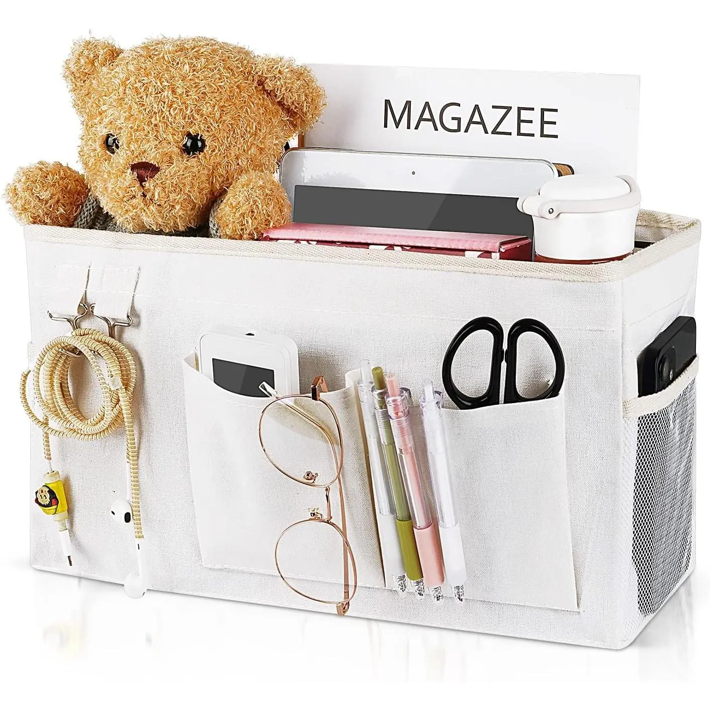 Bedside Caddy Hanging Storage Organizer Bag for Bunk, College Dorm, Hospital Beds with Magazine Water Bottle Phone Holders (White)