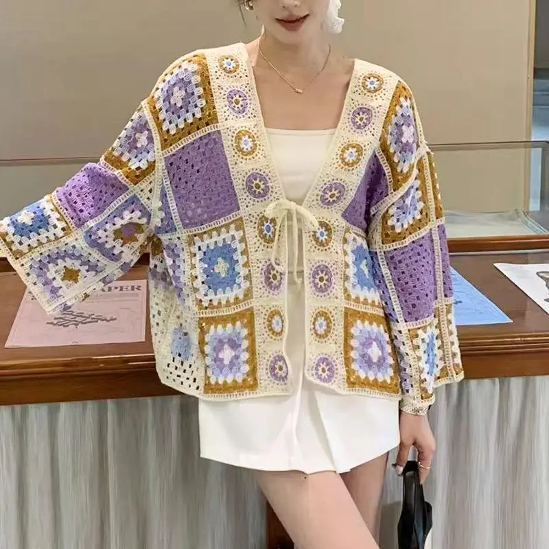 2026 new hot item Granny Square Crochet Top Tie Front Cardigan Oversized Blouse Women Summer Beach Bikini Cover Up Bohemian Vacation Outfit