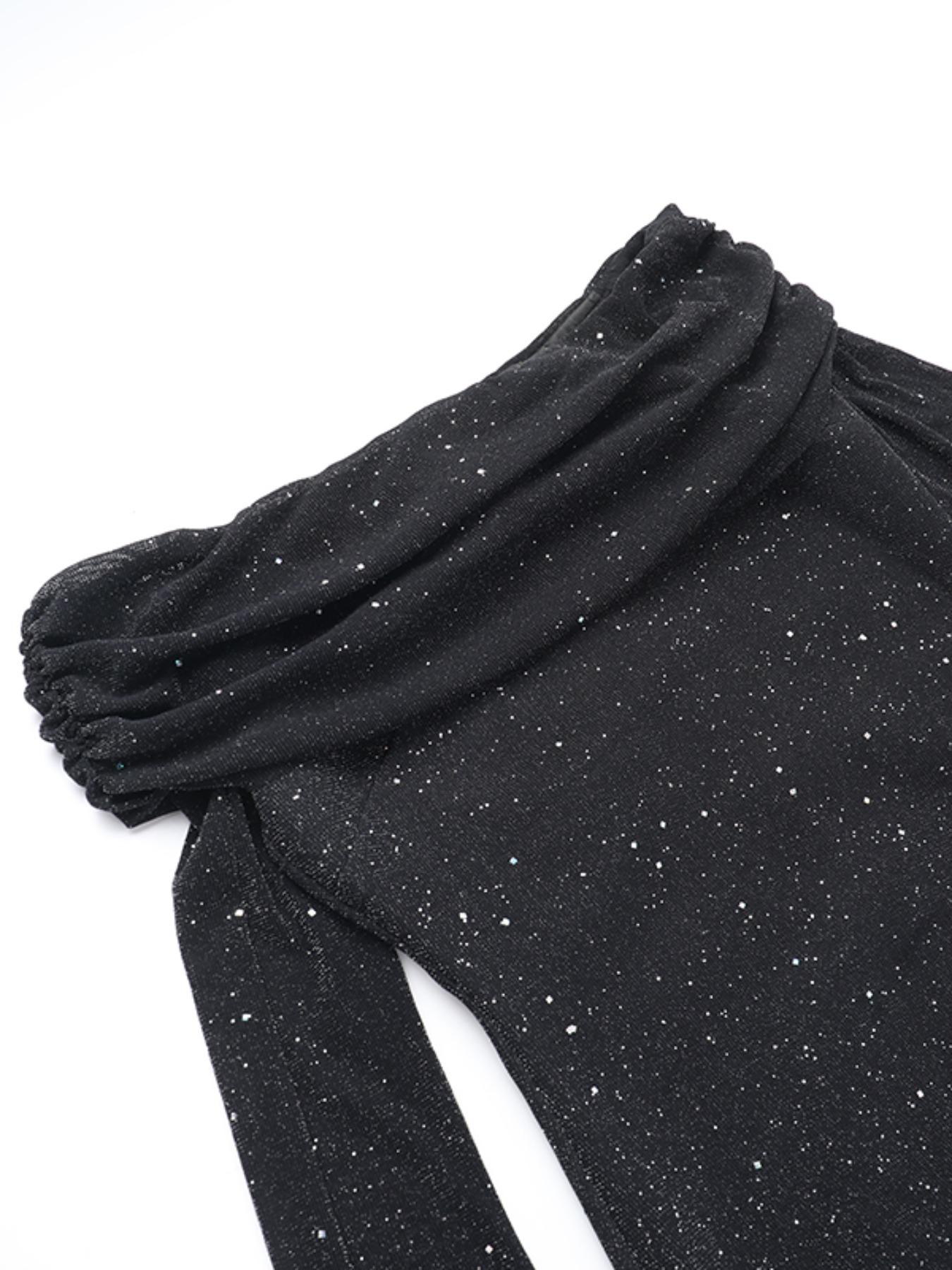 Women's Contrast Sequin Ruched Off Shoulder Mermaid Dress, Elegant Classy Long Sleeve Slim Maxi Dress for Party Evening Formal Occasions, Ladies' Clothes for All Seasons