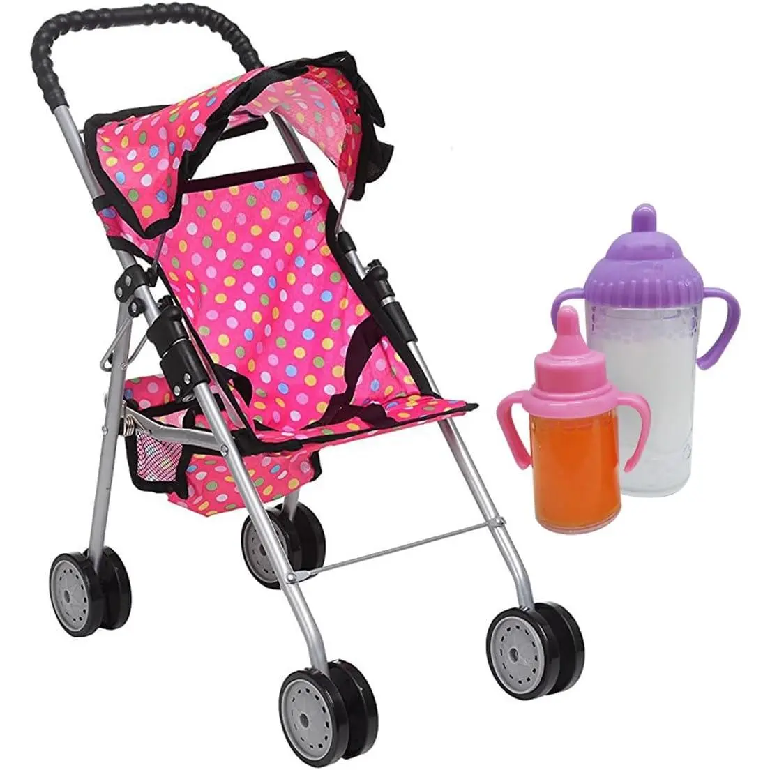 My First Baby Doll Umbrella Stroller with Basket - Pink Polka-Dot Foldable Pram Doll Stroller with Canopy and Accessories Gift Toys for Girls with 2 Magic Bottles
