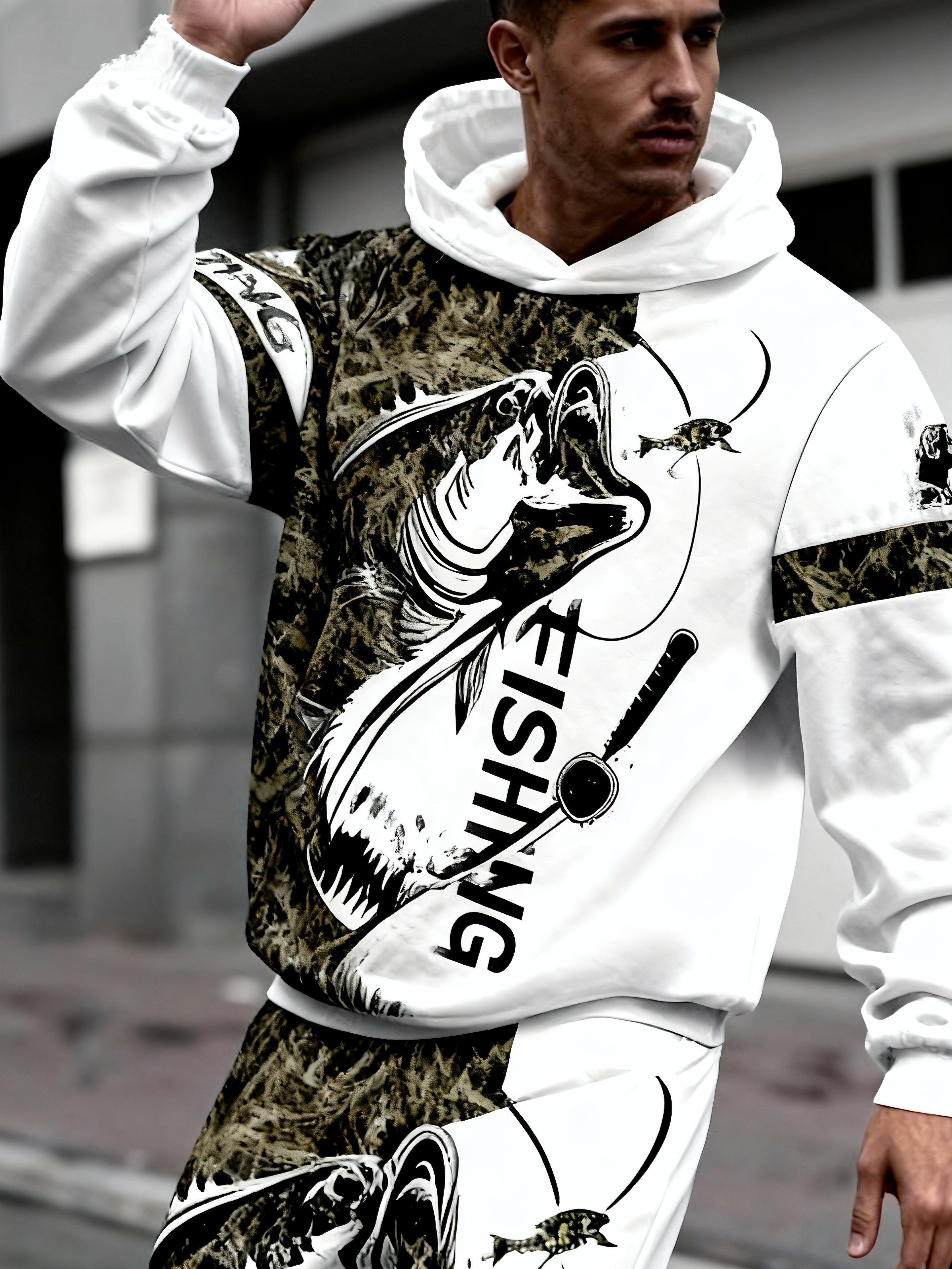 European and American men's digital printed hooded sweatshirt+pants set - salmon print camouflage splicing, fashionable running casual two-piece set