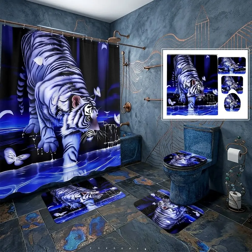 4pcs Blue Tiger Shower Curtain Set, Mystical Night Water Tiger with Butterflies,The floor mat fabric is thicker and softer!  Bold Wildlife Art for Bathroom Decor, Perfect for Halloween
