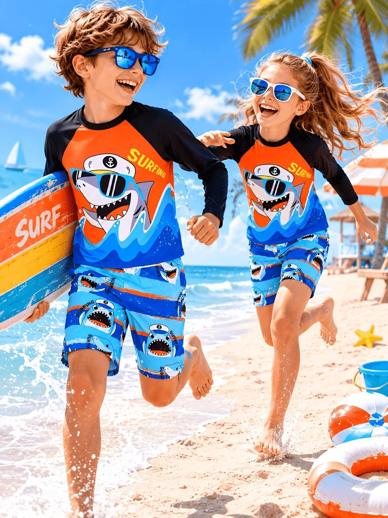 Boys' Surfing Shark Suit, Blue Colorblock, Long Sleeve Rashguard & Shorts Set, Quick-Dry Beach Swimwear, Kids Surfing, Summer Swimwear