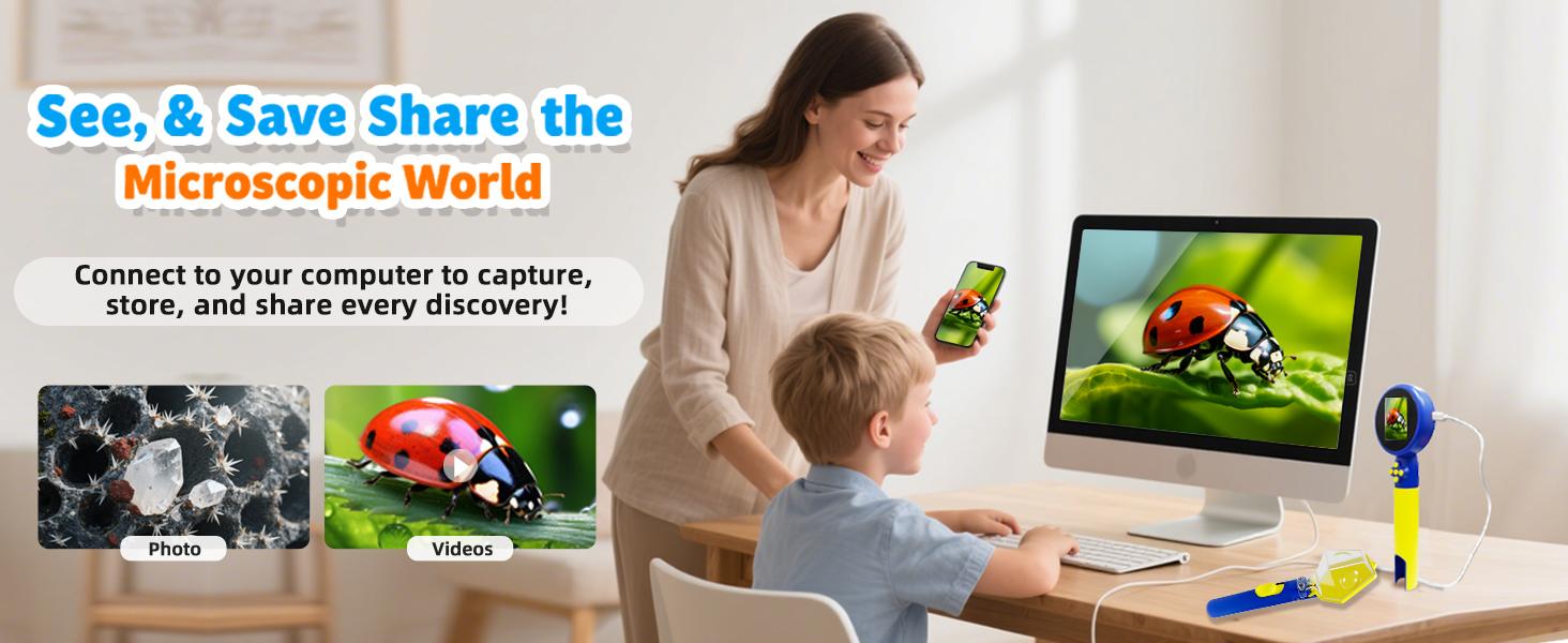 1080P Digital Microscope for Kids with Bug Catcher Kit - Handheld STEM Science Toy, Rechargeable, Portable, Supports 64GB TF Card, Educational Gift for Ages 3-12 (Blue)