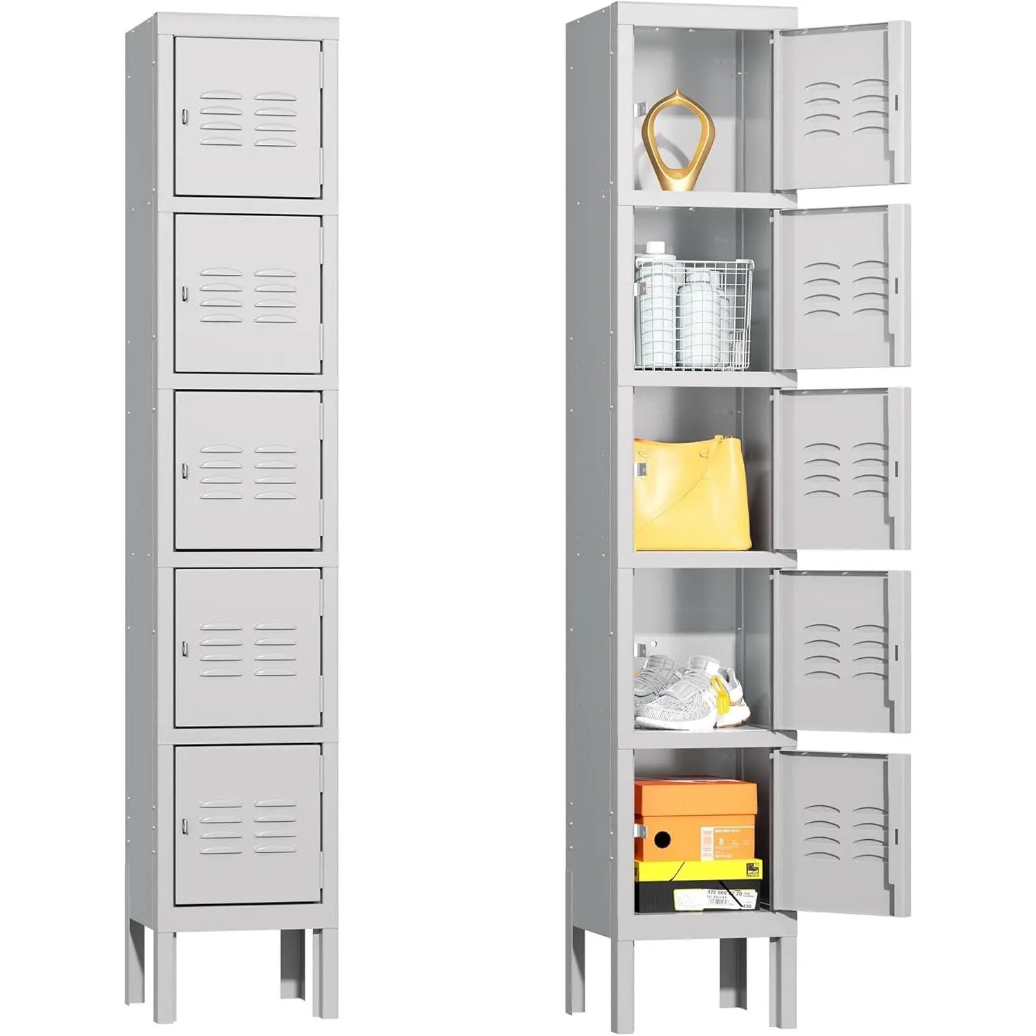 Metal 5-Tier Lockers for Employees Steel Lockers for Gym, Metal Storage Locker with Louvers, 5 Door Locker for Office,Home,School (Grey)