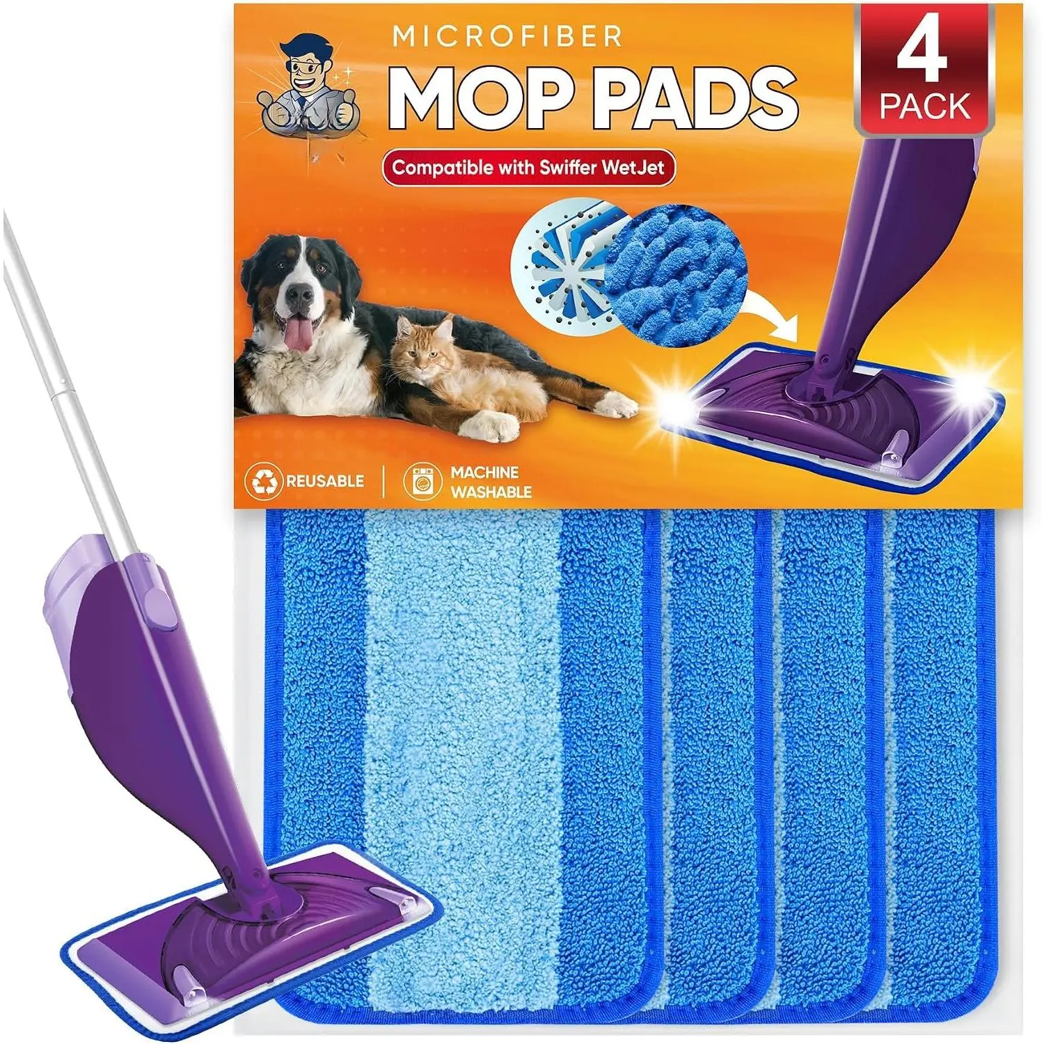 Wet Jet Pads Compatible with  WetJet Mop, 4 Pack Wet Jet Refills,  Wet Pads, Microfiber Mop Pad Refills for Floor Mopping and Cleaning, Wet & y Use Refills, Blue