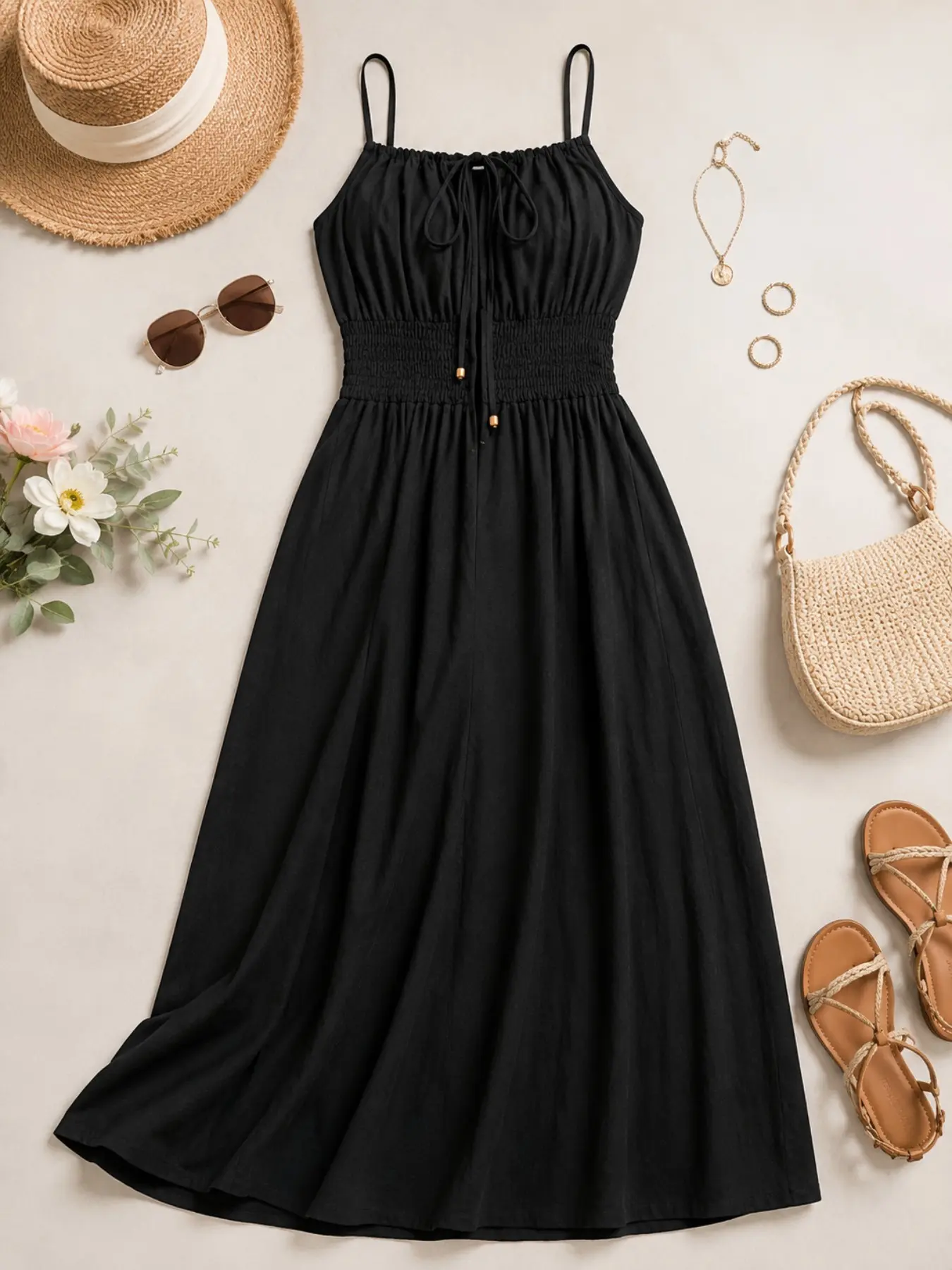 Strapless Long Dress, Elastic Waist Design, Beads, Flowing Skirt, Casual Style, Perfect for Beach & Daily Wear, Chic