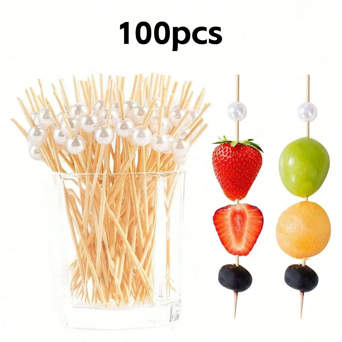 100pcs Cocktail Picks, 4.7 Inch Appetizer Skewers, Pearl Bamboo Sticks, Party Decor, Wedding, Birthday, Holiday Food Decoration