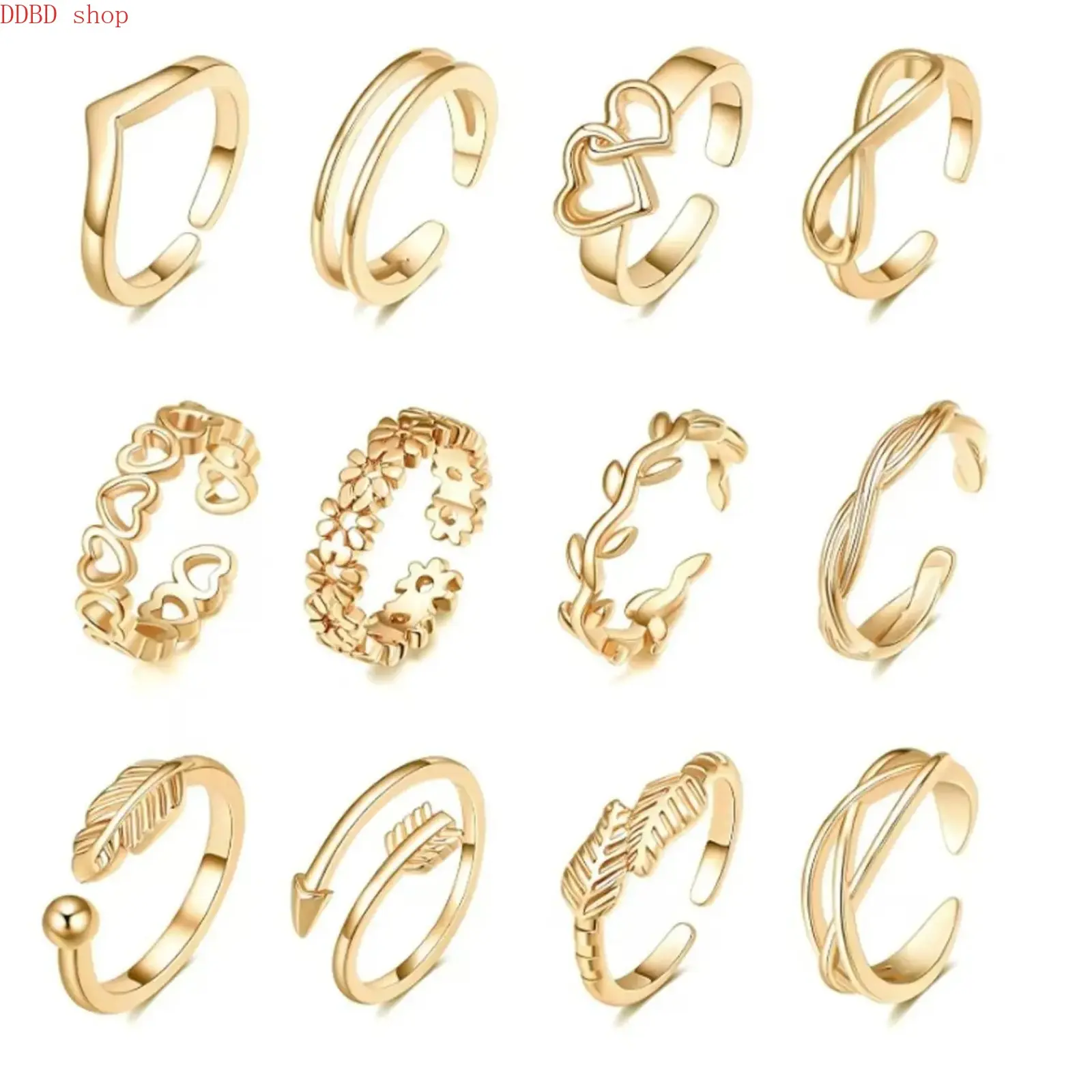12Pcs Unisex Adjustable Gold Toe Rings Set - Open Tail, Flower Leaf Arrow, Band Shape Designs - Multiple Designs Minimalist Foot Jewelry for Summer Beach Vacation Gifts