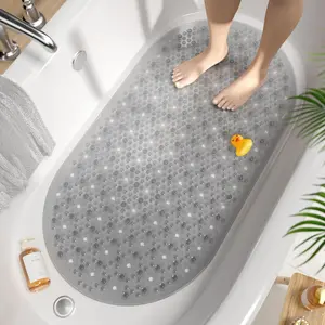 Non Slip Mat, 27x15 Inch Bath Mat for Tub with Suction Cups and Drainage Holes, Machine Washable Oval Shower Mat for Kids, Seniors and Daily Use, Phthalate Free PVC, Grey