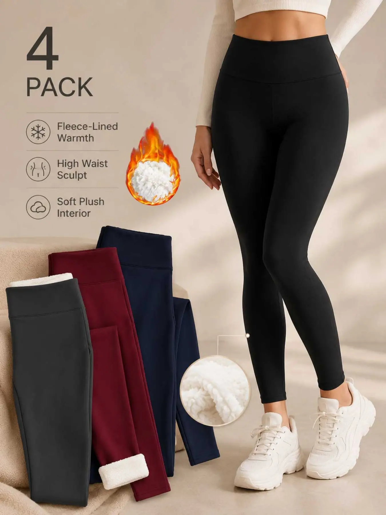 Women's High-Waisted Slim Fit Leggings, Fleece Lined, Stretchy, Fall & Winter, Sporty Style, Plain Surface, S-Xxl, Fitness Pants
