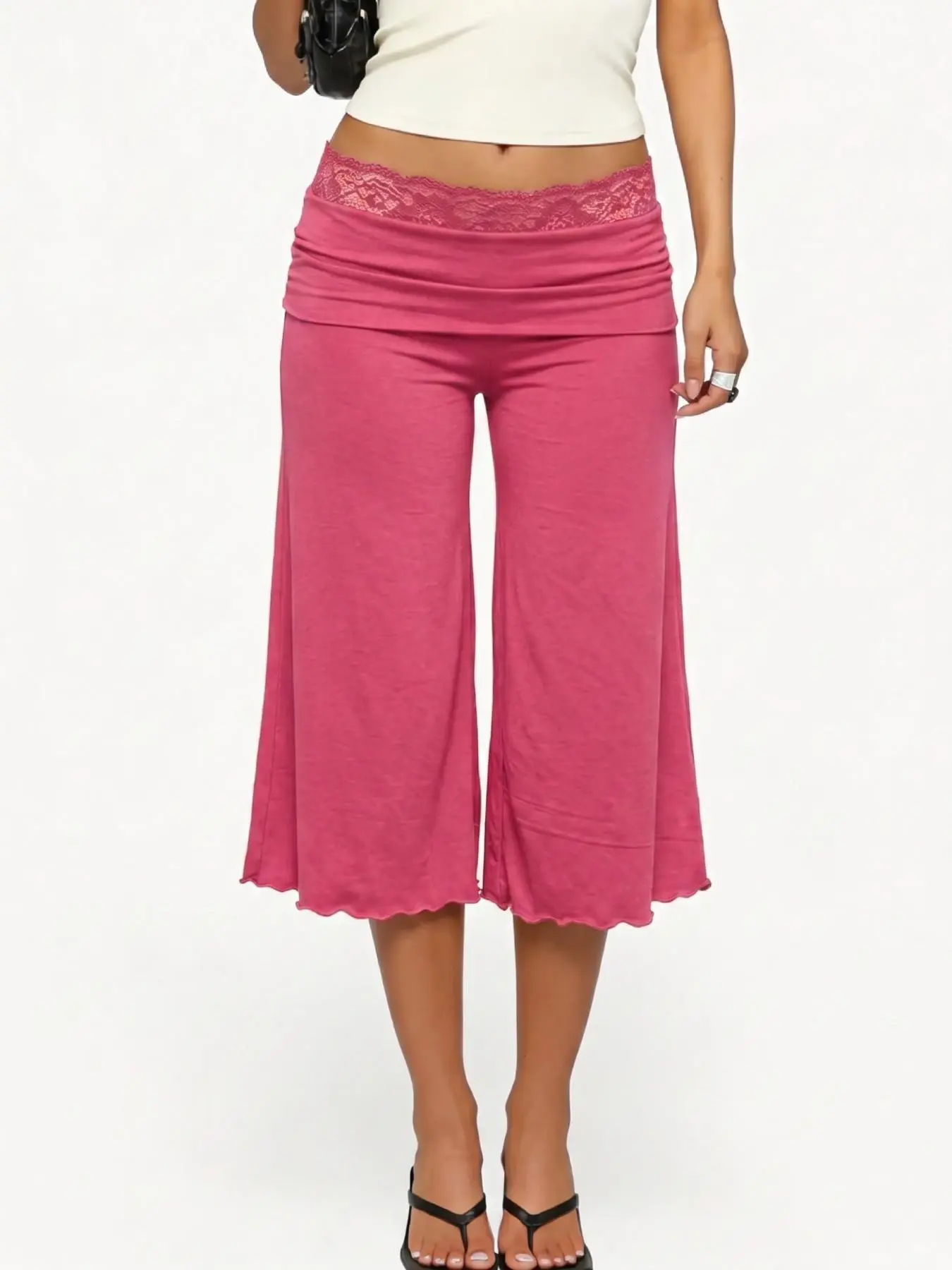 Women Y2K Lace Trim Fold‑Over Waist Capri Flare Pants, Solid Hot Pink Ruched Rolled Waistband Cropped Bell Bottom Trousers, Soft Stretchy Knit Ruffle Hem Casual Bottoms, Vintage 2000s Grunge Streetwear Loose Wide Leg Culottes For   Fashion Ladies Mid‑Calf