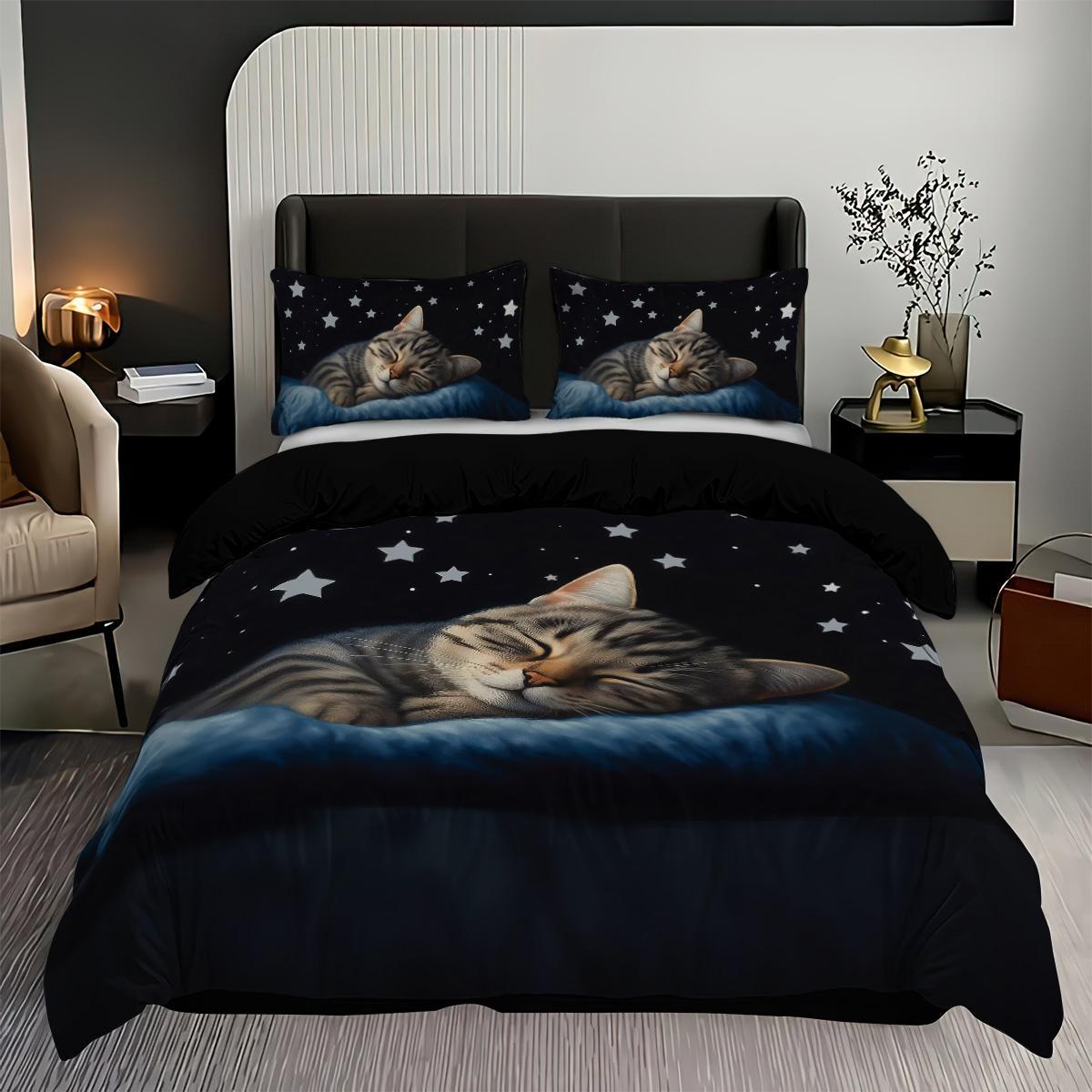 3pcs Cat sleeping pattern printed bedding set, 1 quilt cover and 2 pillowcases, breathable polyester fiber, suitable for all seasons, suitable for teenagers and adults' bedrooms, home decoration, Soft Bedding Set