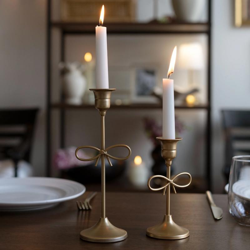 Large Bow Taper Candle Holder – 9" Antique Gold Iron & MDF Tabletop Decor, Bow Accent, Indoor Candle Accessory