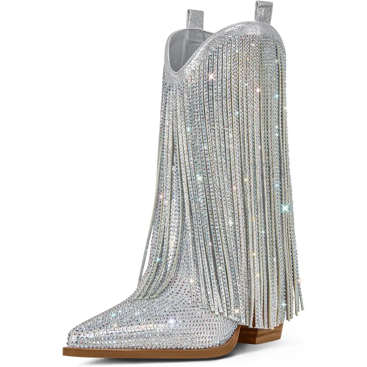 Women's Rhinestone Cowboy Boots with Sparkly Fringe, Pointed Toe, Chunky Heel, Pull-On Wide Calf Western Boots(Gift)