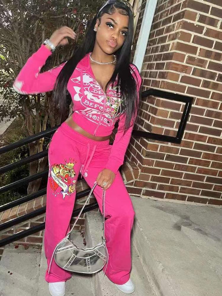 2 Piece Sets Womens Clothing Letter Print Sweatsuit  Zipper  and Sweat Pants Suits Tracksuit Set Womenswear Comfort Fitted Hot Pink Hoodie