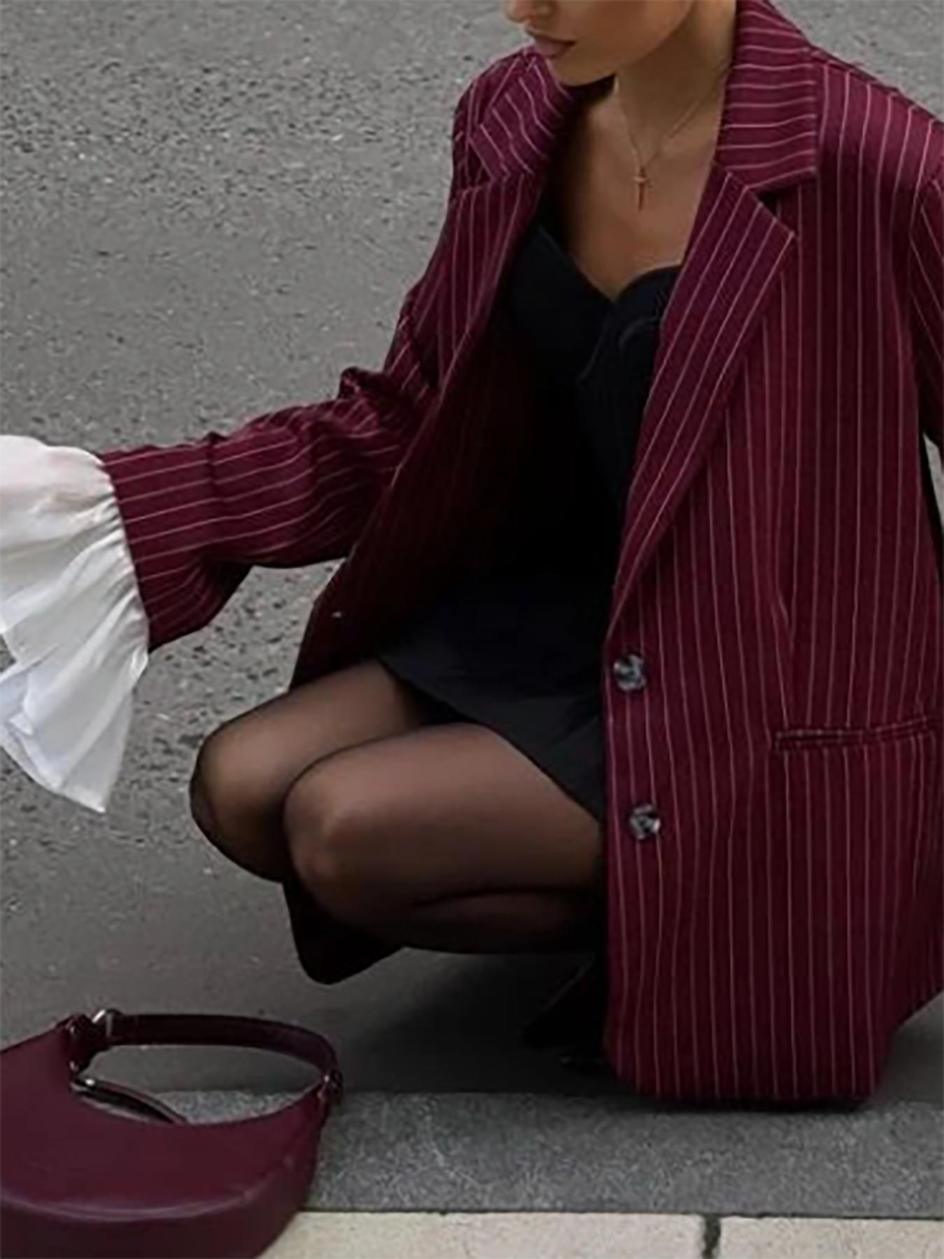 Women's Autumn New Fashion Striped Lace Flounce Sleeve Casual Blazer Jacket, Elegant Design, Perfect for Daily Wear, Fitted