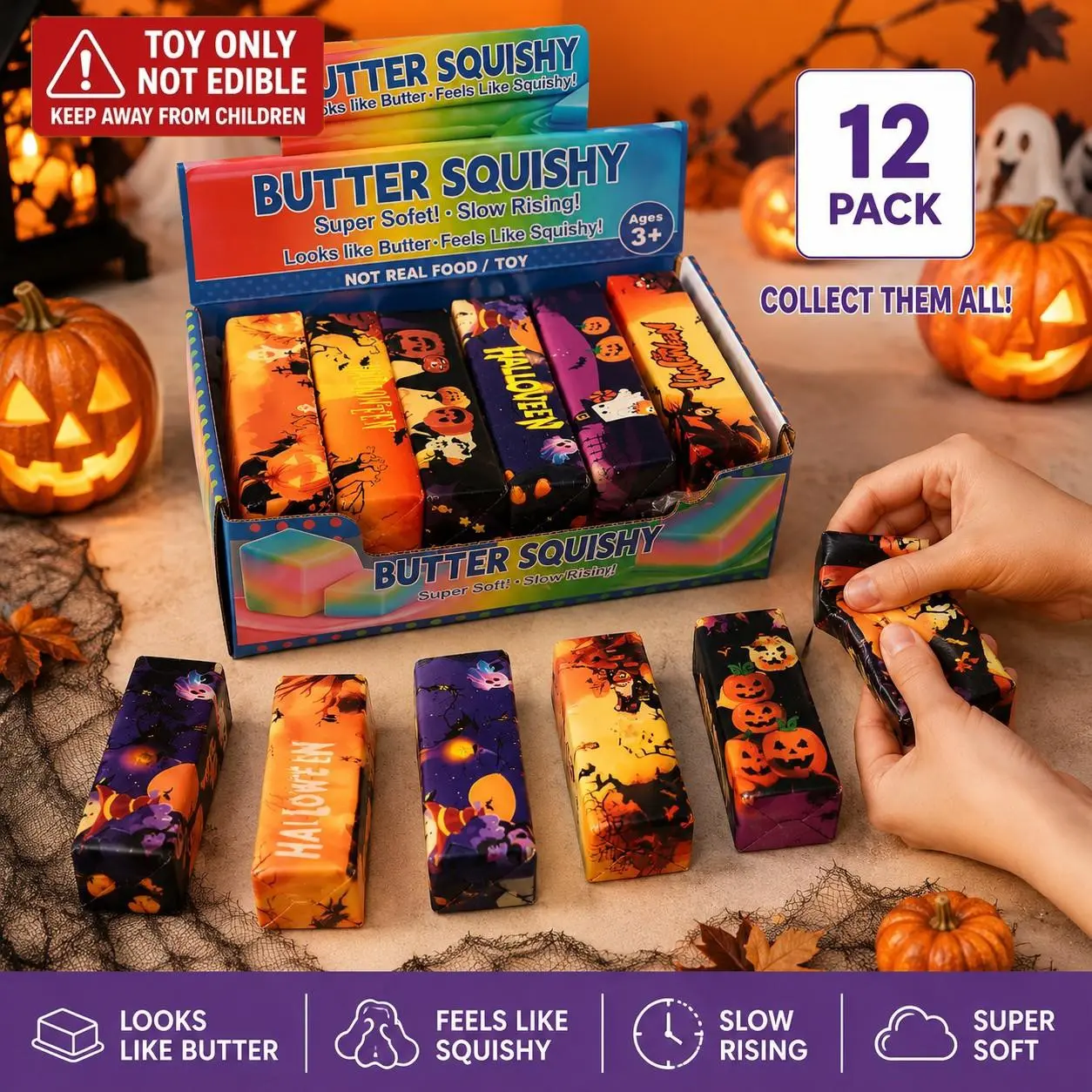 12-Pack Halloween Butter Stick Stress Relief Toys, Slow-Return Compression Balls, Squeeze Fidget, Party Favors, Kids & Adults Relaxation Gifts