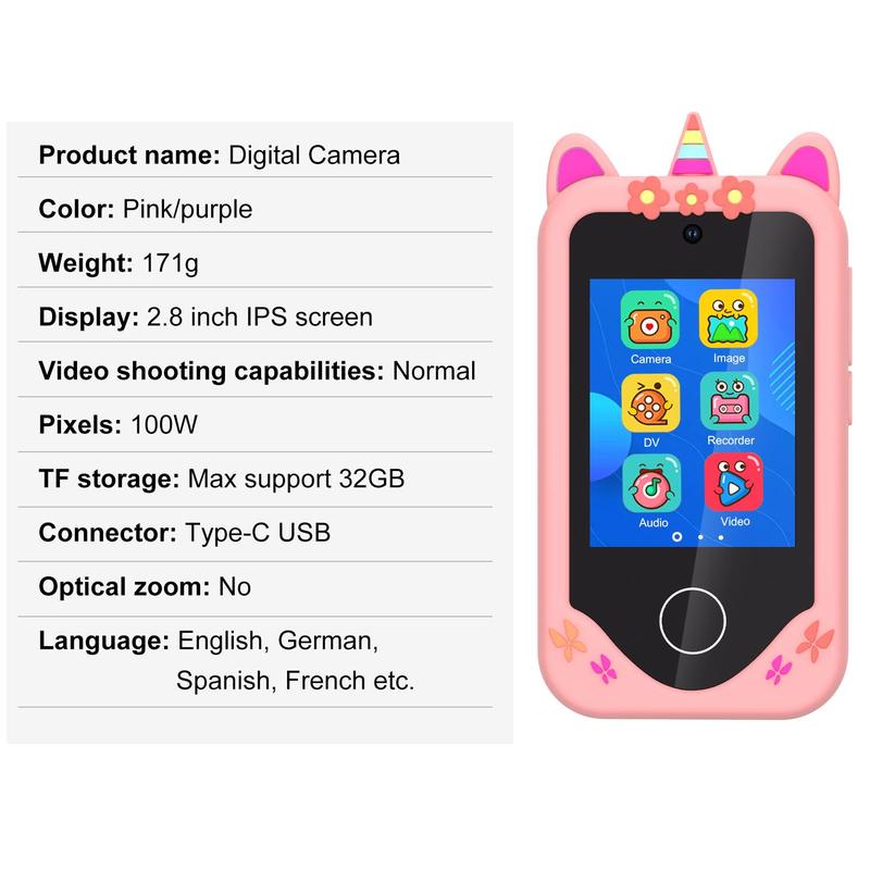 Touchsreen Phone with Unicorn Silicone Cover, Dual Camera, Recorder, Habit Tracking, Learning Games, MP3 Player, Calculator for Christmas Birthday Gifts