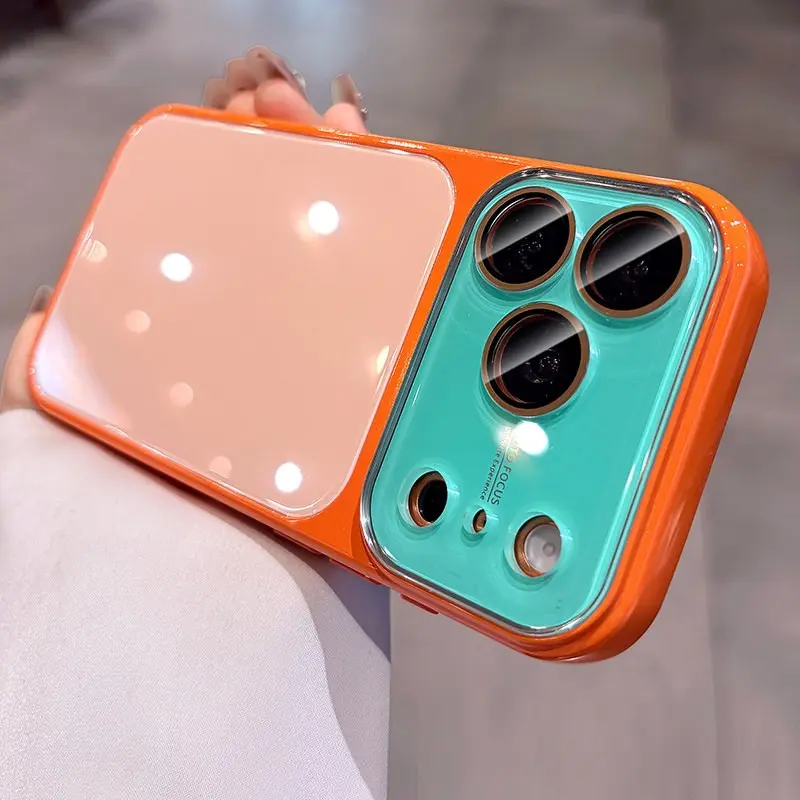 Summer Cool Glass Color Block Diagram Backboard Shockproof Phone Case, Lightweight Protective Cover, Suitable for iPhone 17 Pro Max 13 Pro Max Light Oil Soft Frame Acrylic Lens Protection Dopamine Contrast Color Shockproof Phone Case Protection