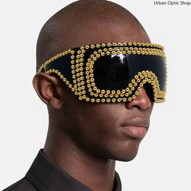 XUH Unisex Oversized Shield Sunglasses, Punk 1-Piece Statement Frame with Silver Bead Trim, UV400 Lens for Raves and Cosplay, Accessories, Sun Protection, Statement Frame Glasses, Rave Wear, Party, One-Piece