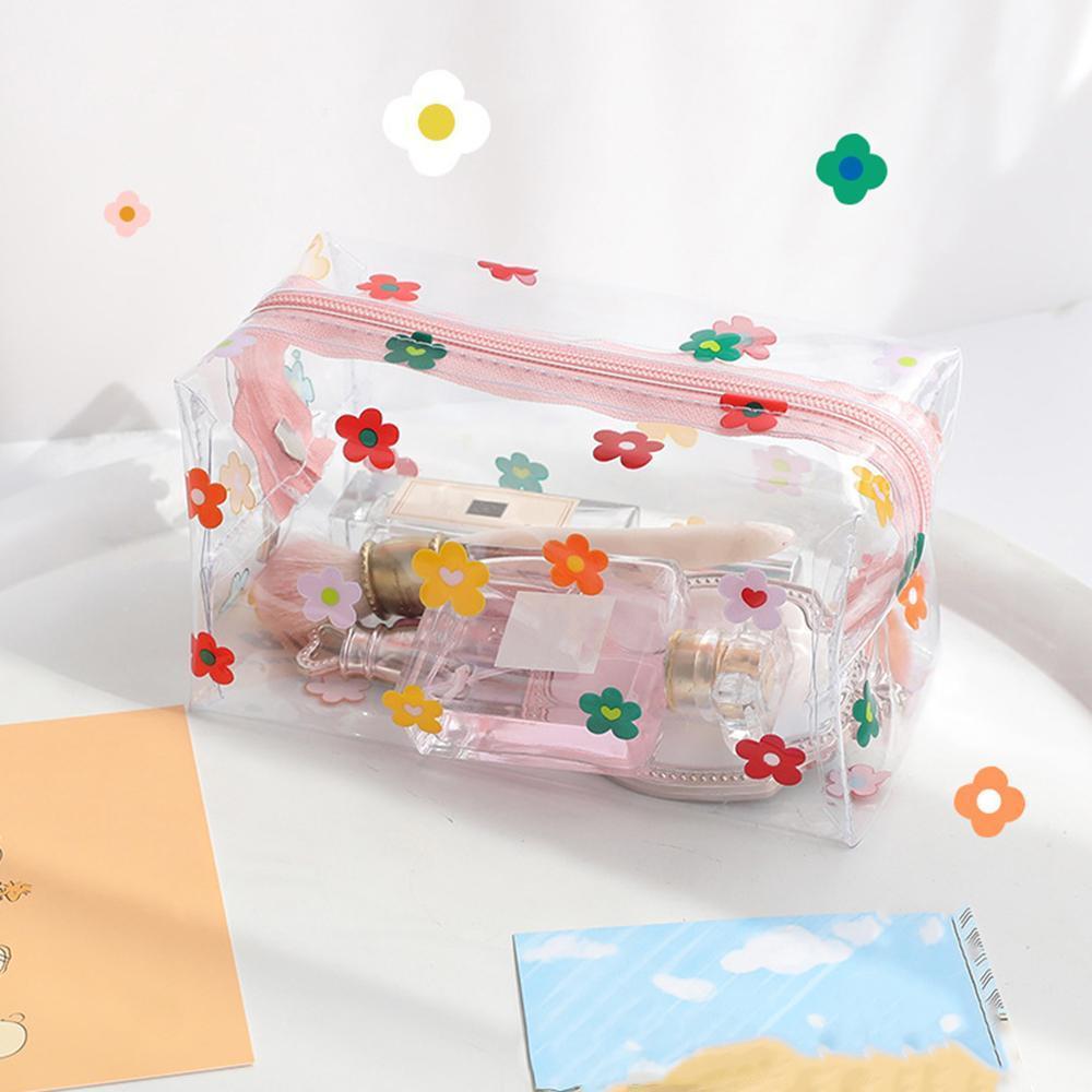 3pcs Transparent Flower Makeup Bag, Summer Floral Pattern Clear Cosmetic Bag with Zip, Portable Makeup Organizer Pouch, Multifunctional Waterproof Toiletry Bag