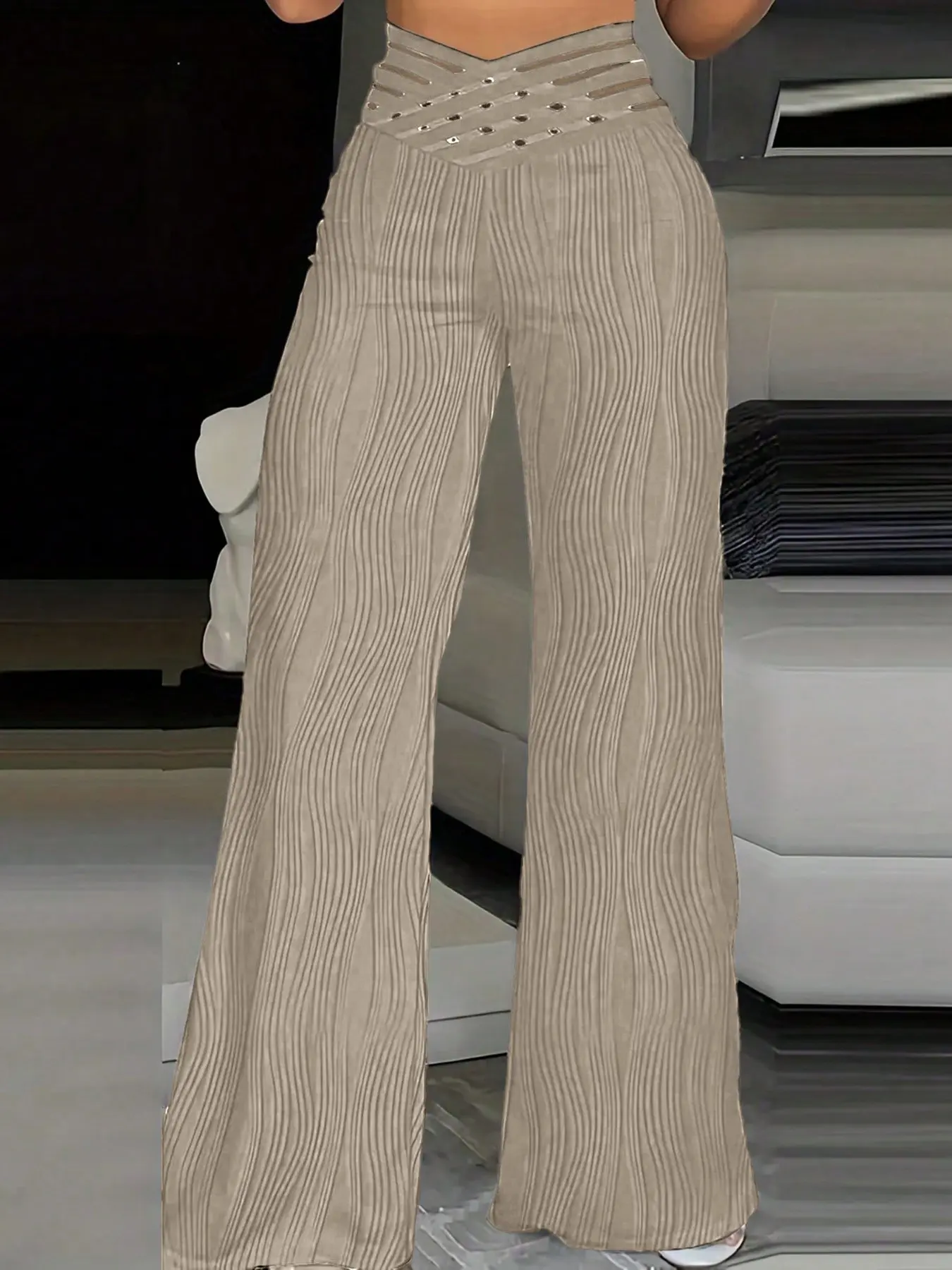 Women's Textured Long Pants, V-Neck Multi-Horizontal Stripes Mesh Hollow High-Waisted Slim Fit Straight Leg Casual Pants
