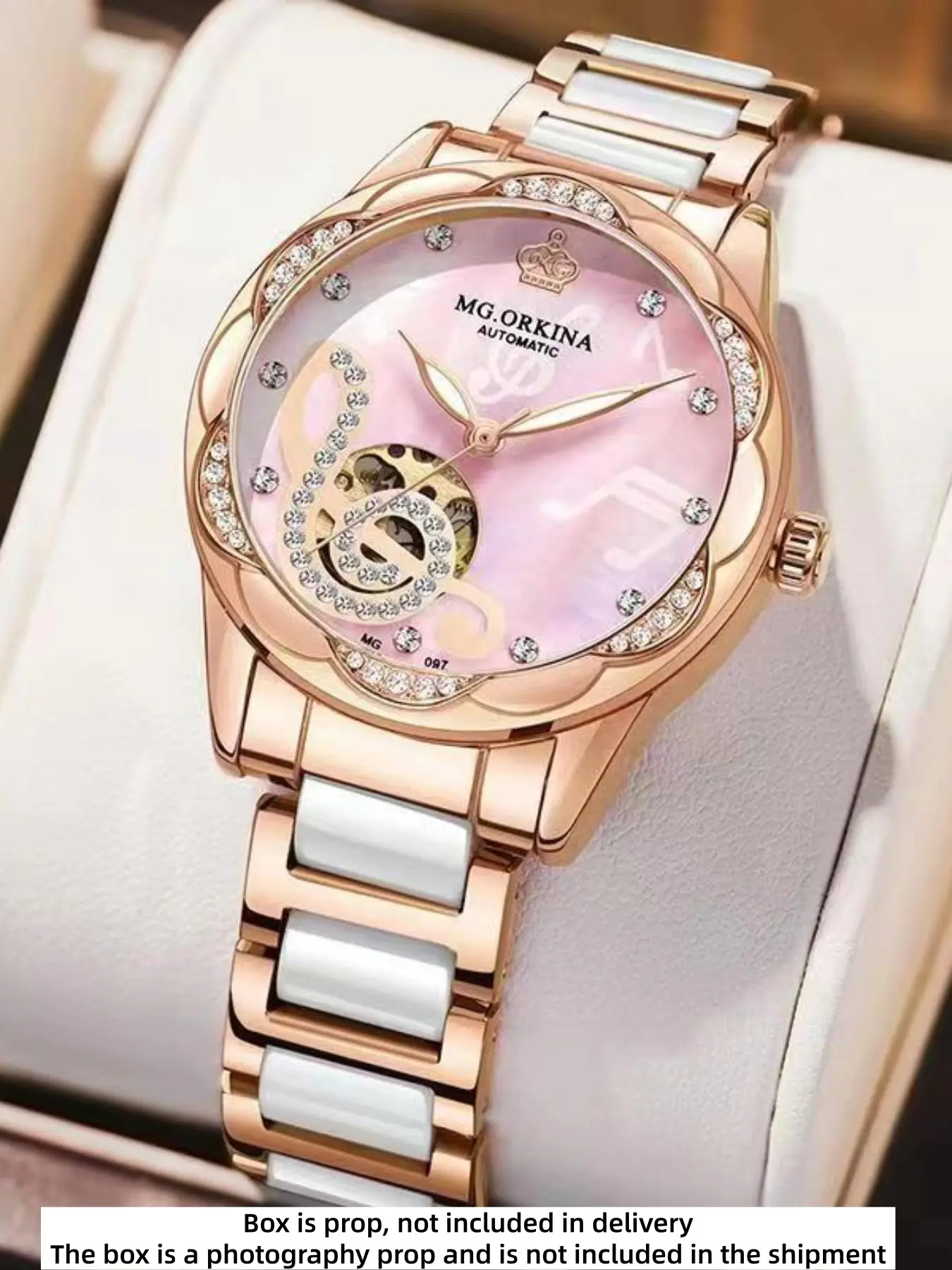 Women's Elegant Rhinestone Decorated Mechanical Watch, Fashion Round Dial Fully Automatic Mechanical Watch for Women & Girls, Trendy All-match & Exquisite Watch for Birthday Gift with Box, Rhinestone Wristwatch, Fashion Watches
