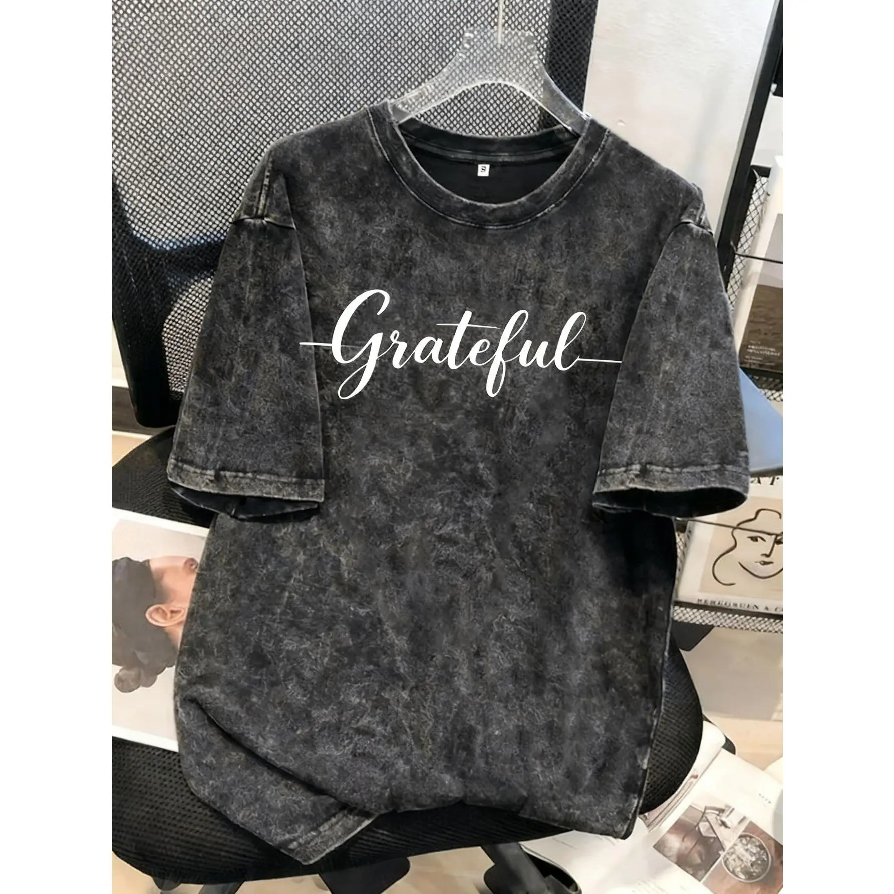 [Holidays Gifts Sports] Retro and Old 'Blessed' Art Letter Printing T-Shirt, American Trendy Brand Casual and Old Round Neck Washed Short-Sleeved Top, Suitable for Holidays, Going Out, Leisure, Sports, Gifts and Other Scenes