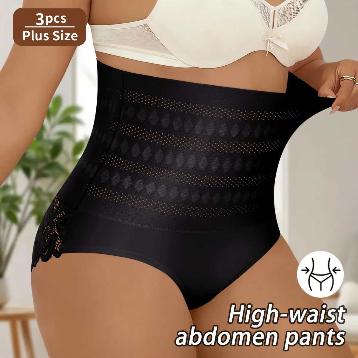 【3Pcs】 High Waist Tummy Control Shapewear Panties, Breathable Hollow Mesh Stretch Shaping Briefs, Soft Lace Anti-Chafe Hip Lifting Underwear, Plus Size 1-5XL for Daily Work & Casual Wear All Seasons,womenswear panty